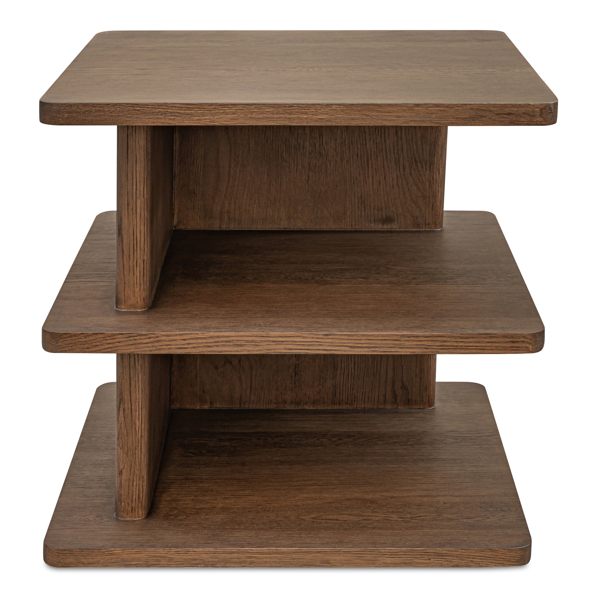 Thalor Side Table, Square Dark Oak Top with Rounded Edge Shelves, Solid Oak Detail, Dark Brown
