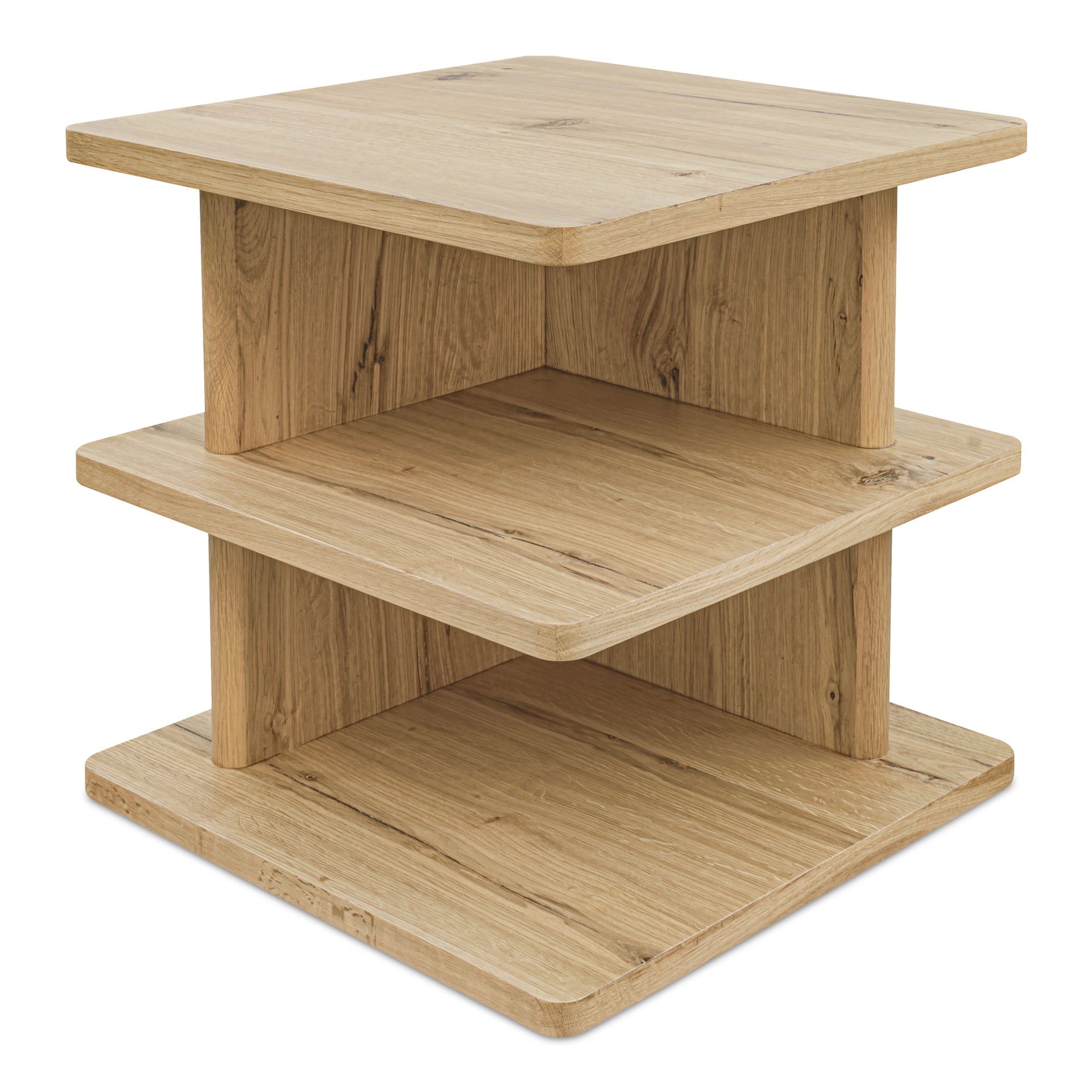 Thalor Side Table, Square Rustic Oak Top with Rounded Edge Shelves, Solid Oak Detail, Natural