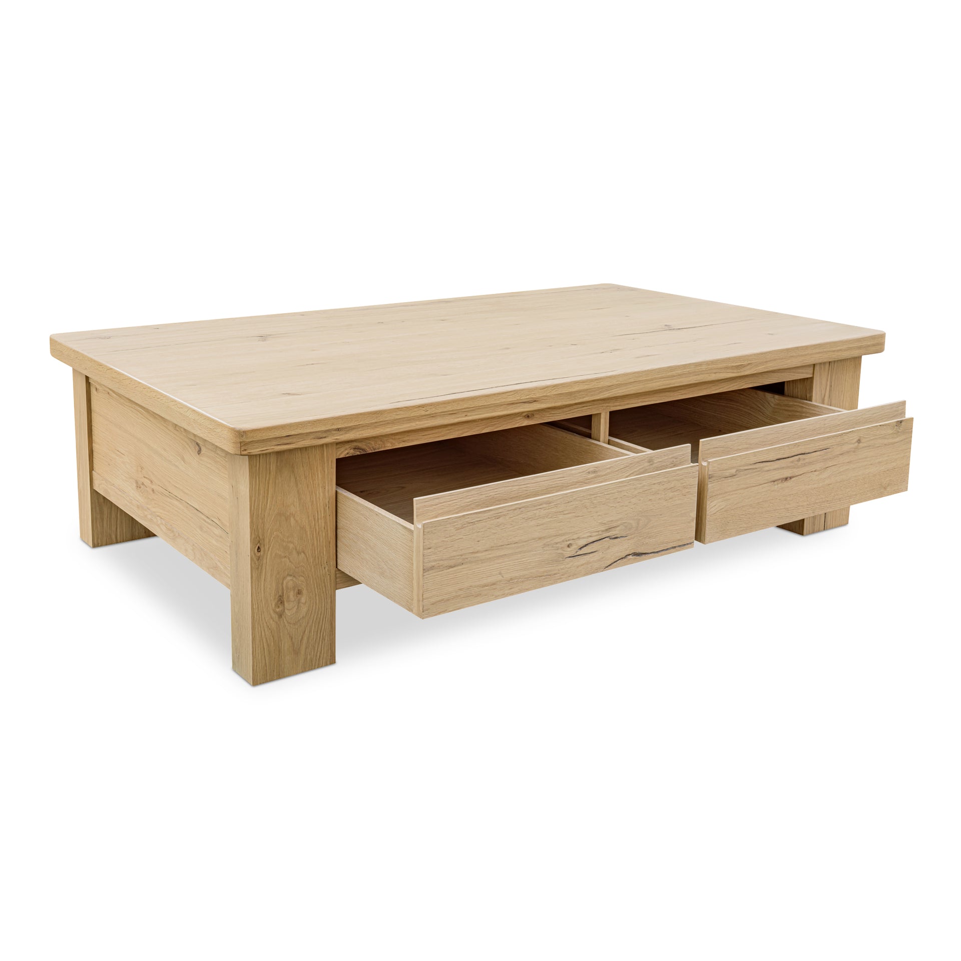 Mareth Coffee Table, Rectangular Rustic Oak Top with Rounded Edge, Solid Oak Legs Dual-Sided Drawers, Natural