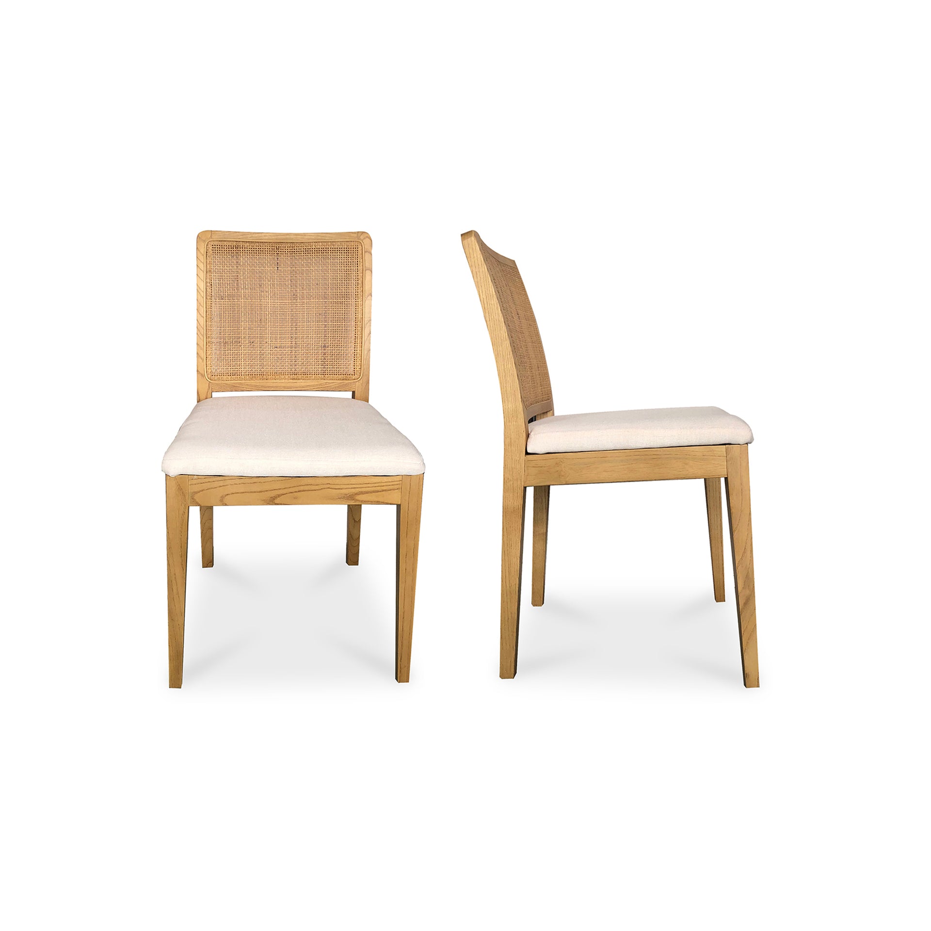 Yvette- 100% Cotton Upholstery with Solid Elm Wood and Rattan Back Dining Chair, Natural- Set of Two