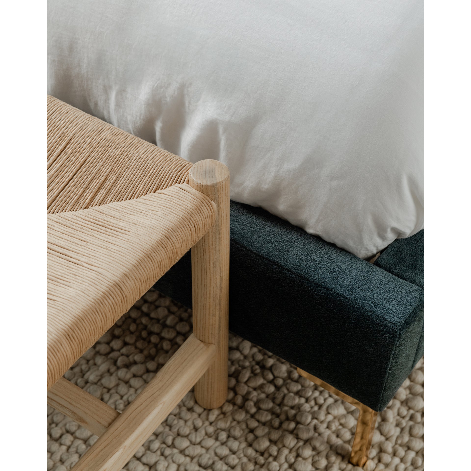 Mayor Bench, Rectangular Solid Elm Frame with Woven Natural-Fiber Rope Seat, Small, Natural Finish