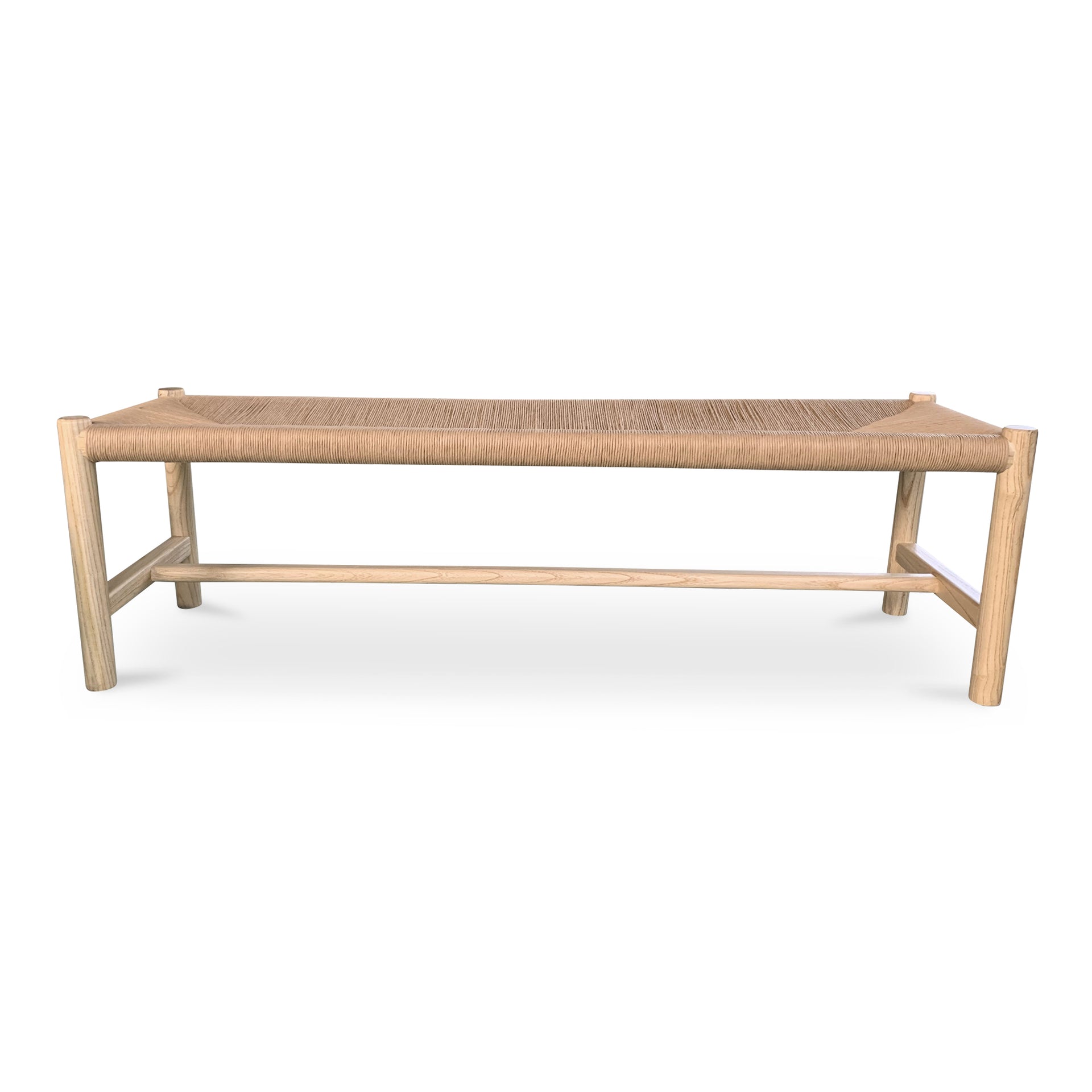 Mayor Bench, Rectangular Solid Elm Frame with Woven Natural-Fiber Rope Seat, Large, Natural Finish
