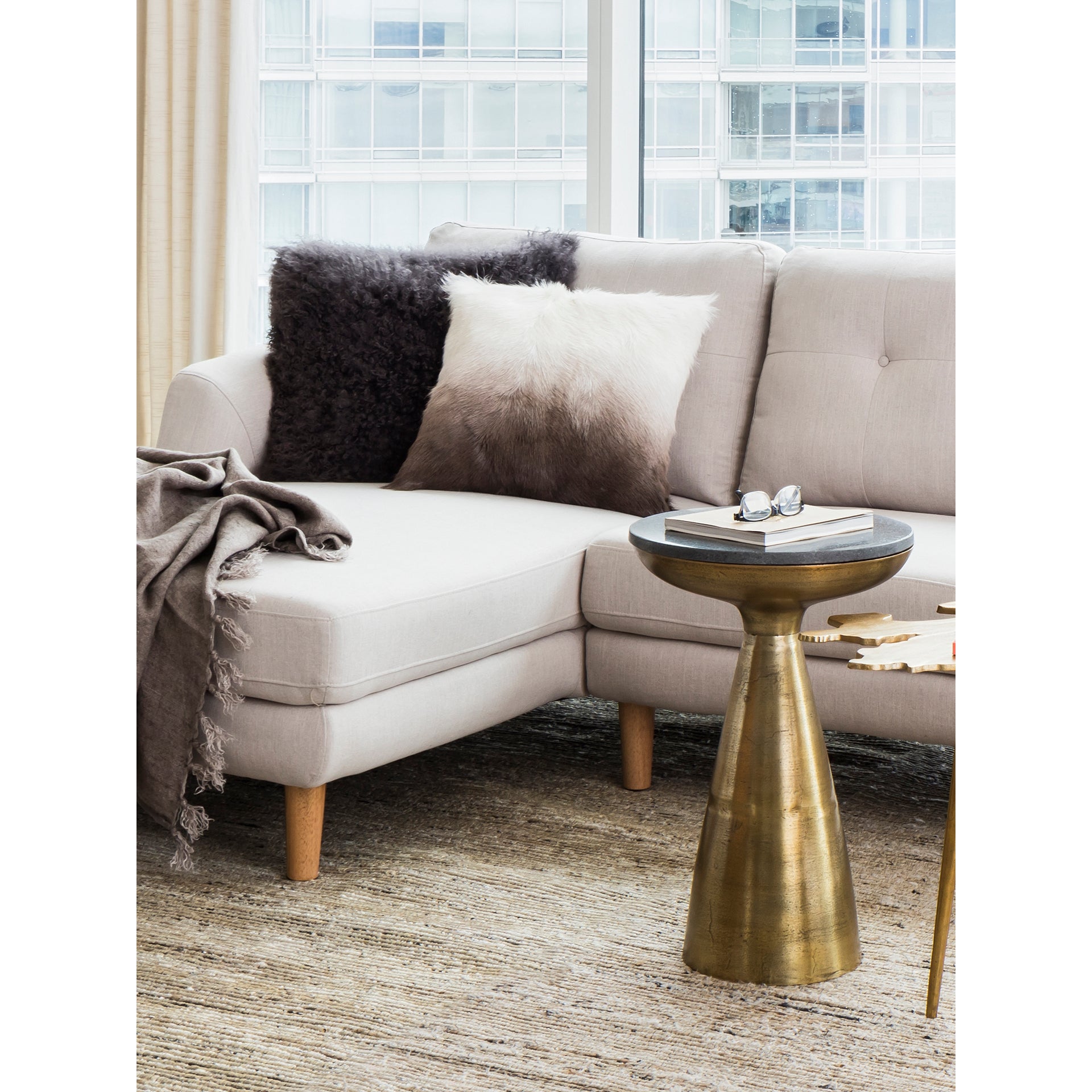 Sarif Accent Table, Aluminum with Black Granite Top, Art Deco Design, Brass