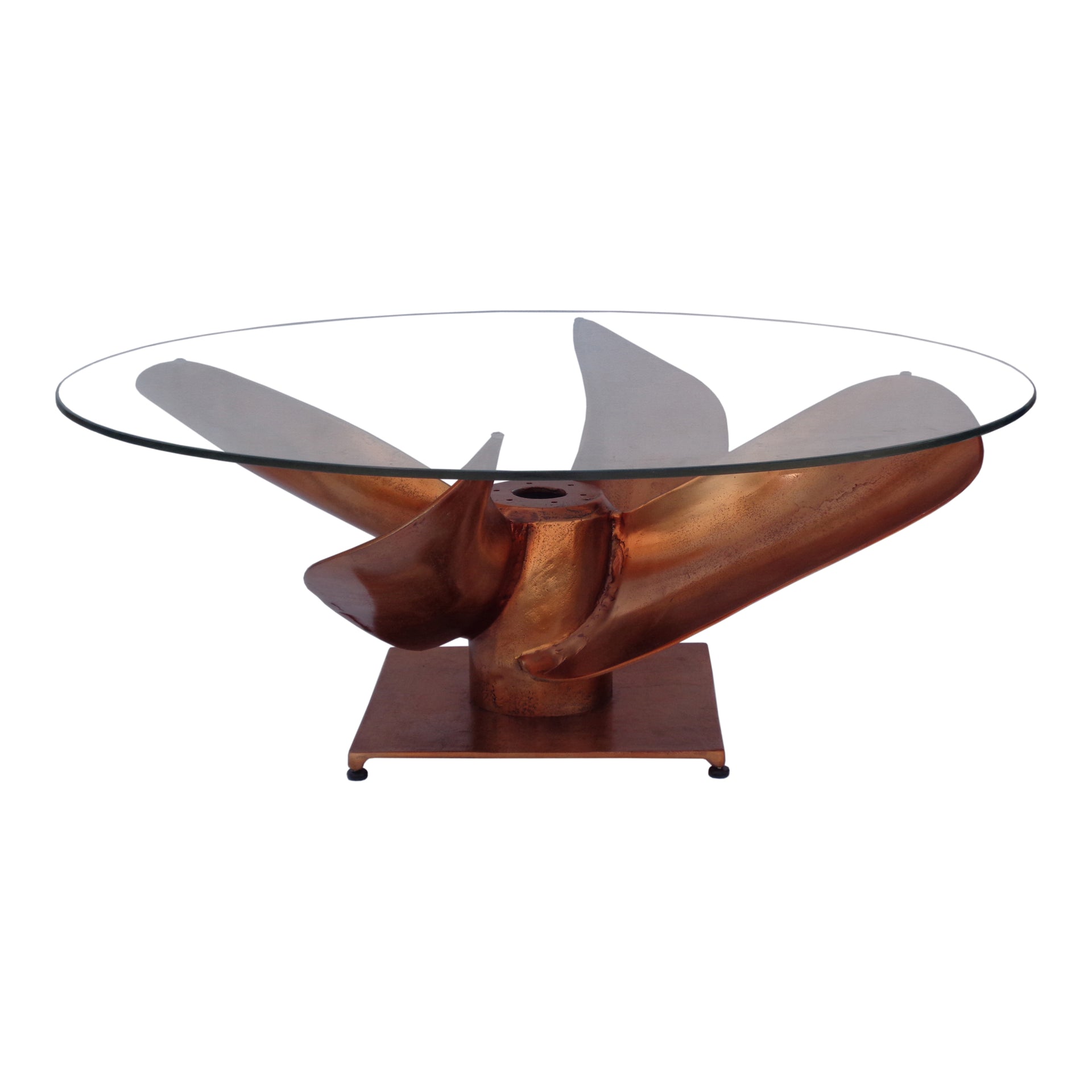 Phoenix Coffee Table, Glass Top with Nautical Copper-Finished Base, Bold and Conversation-Sparking, Industrial Design