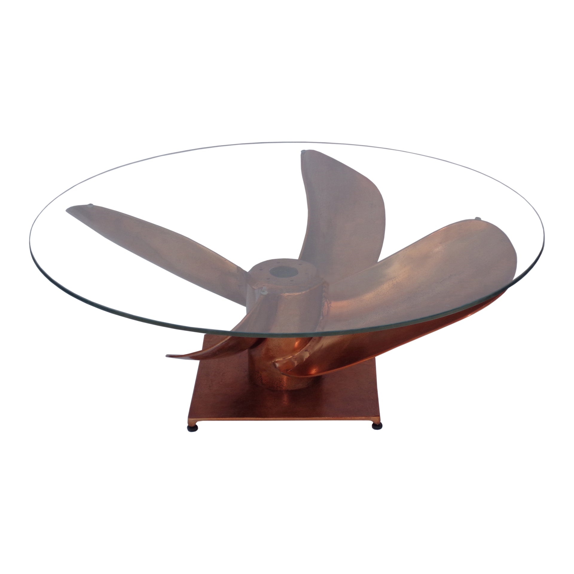 Phoenix Coffee Table, Glass Top with Nautical Copper-Finished Base, Bold and Conversation-Sparking, Industrial Design