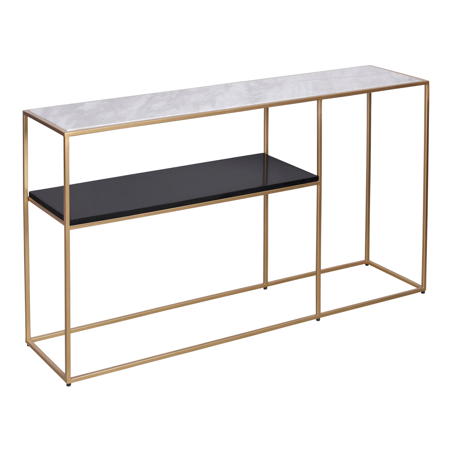Riven Console Table, Contemporary Style, Gold-Finished Iron Frame with White and Black Marble Shelves