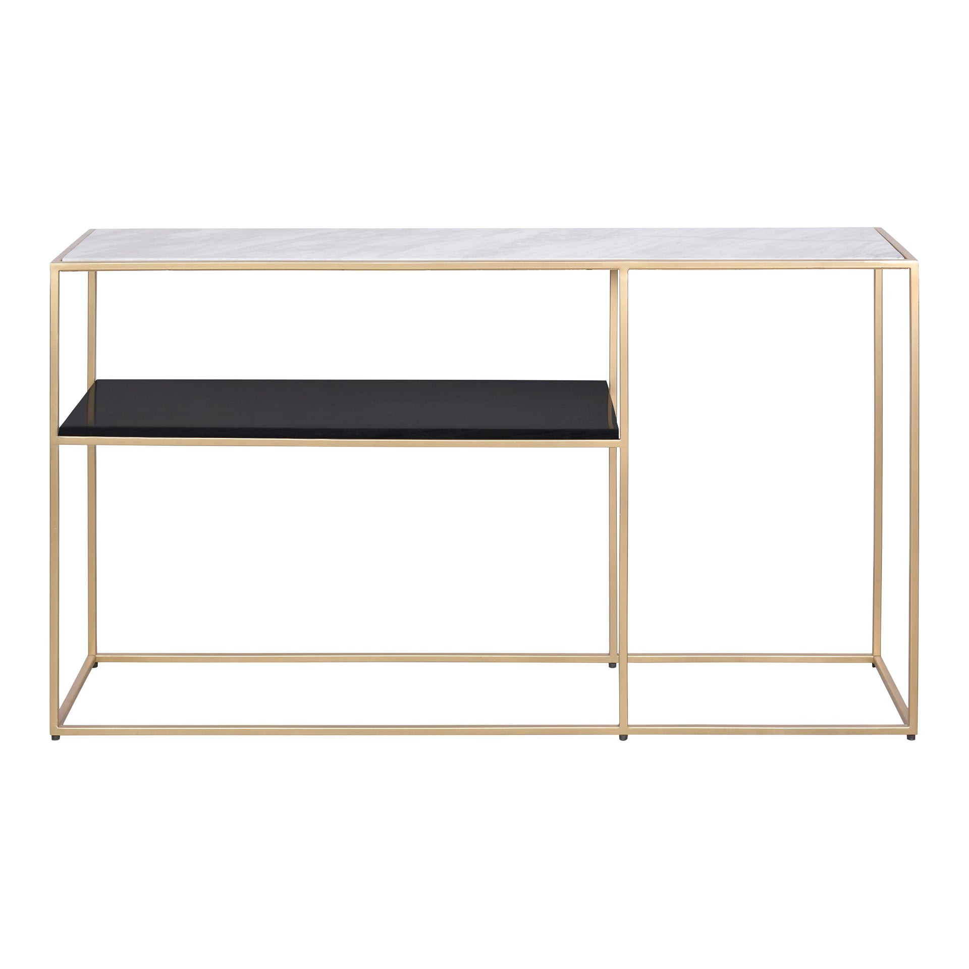 Riven Console Table, Contemporary Style, Gold-Finished Iron Frame with White and Black Marble Shelves