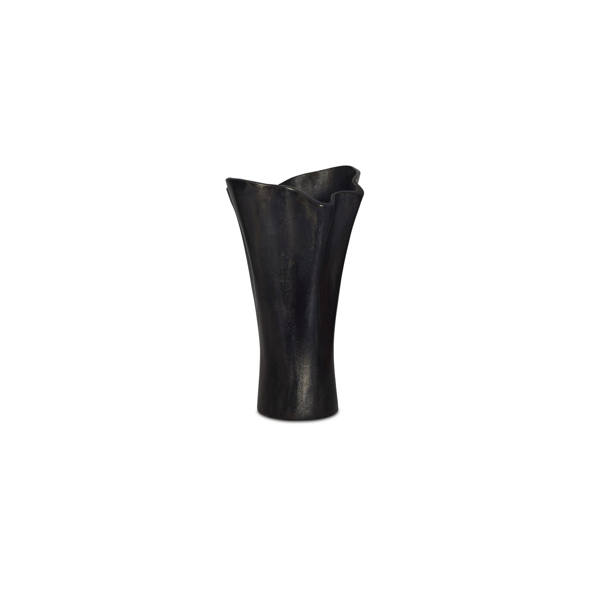Sidney Vase, Freeform Fluted Cast Aluminum with Waved Ruffle Top, Aged Finish, Black