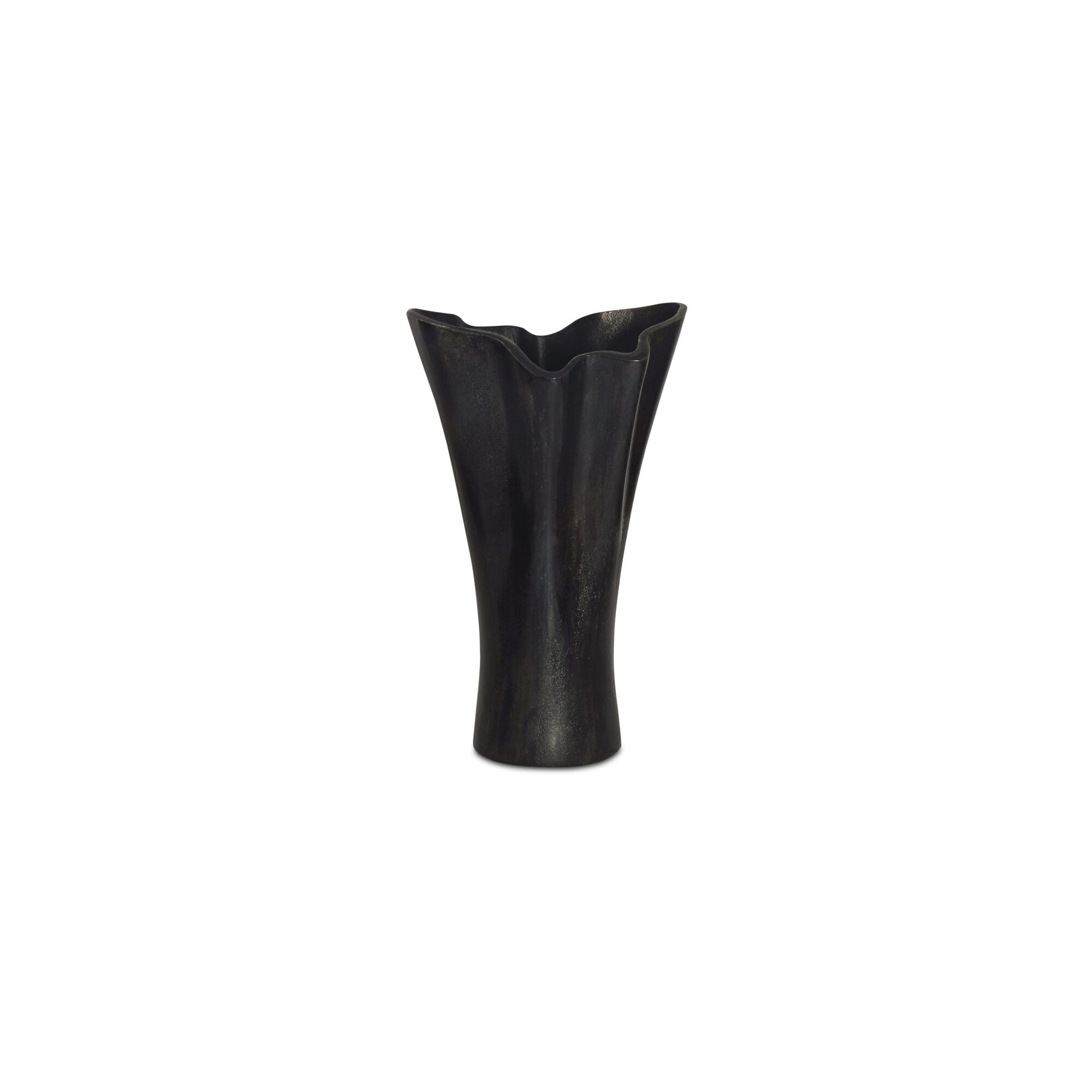 Sidney Vase, Freeform Fluted Cast Aluminum with Waved Ruffle Top, Aged Finish, Black