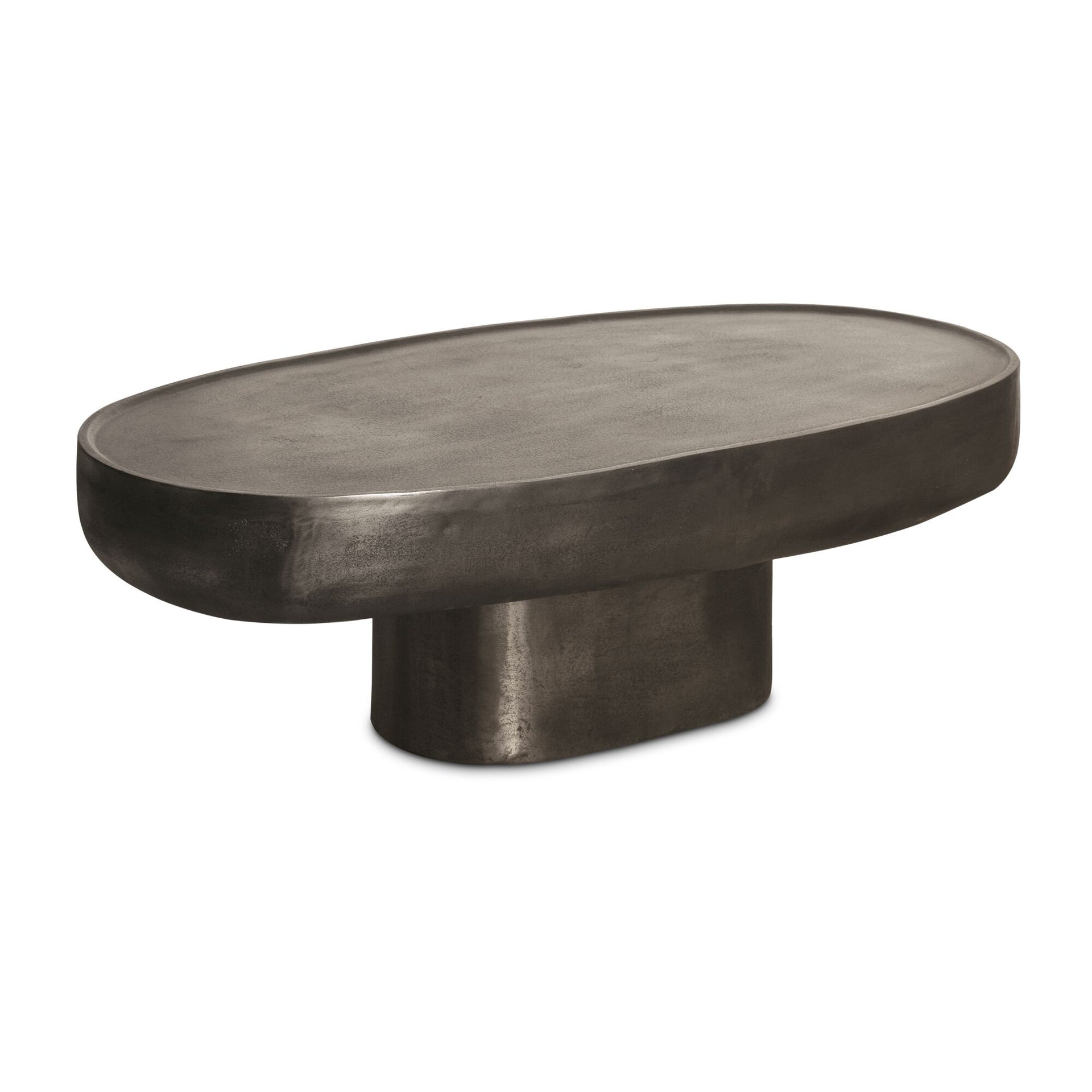 Jessalyn Coffee Table, Oval, Aluminium, Capsule-Shaped Top, Asymmetrical Pedestal Base, Deep Bronze