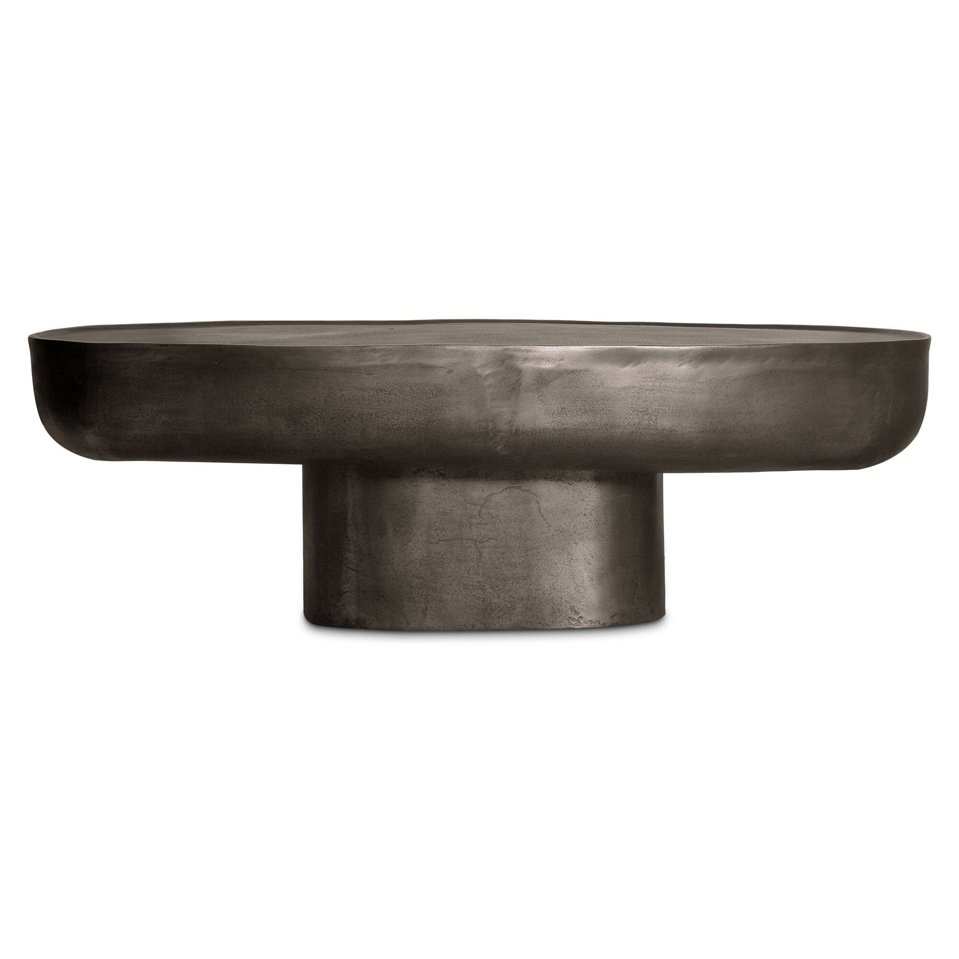 Jessalyn Coffee Table, Oval, Aluminium, Capsule-Shaped Top, Asymmetrical Pedestal Base, Deep Bronze