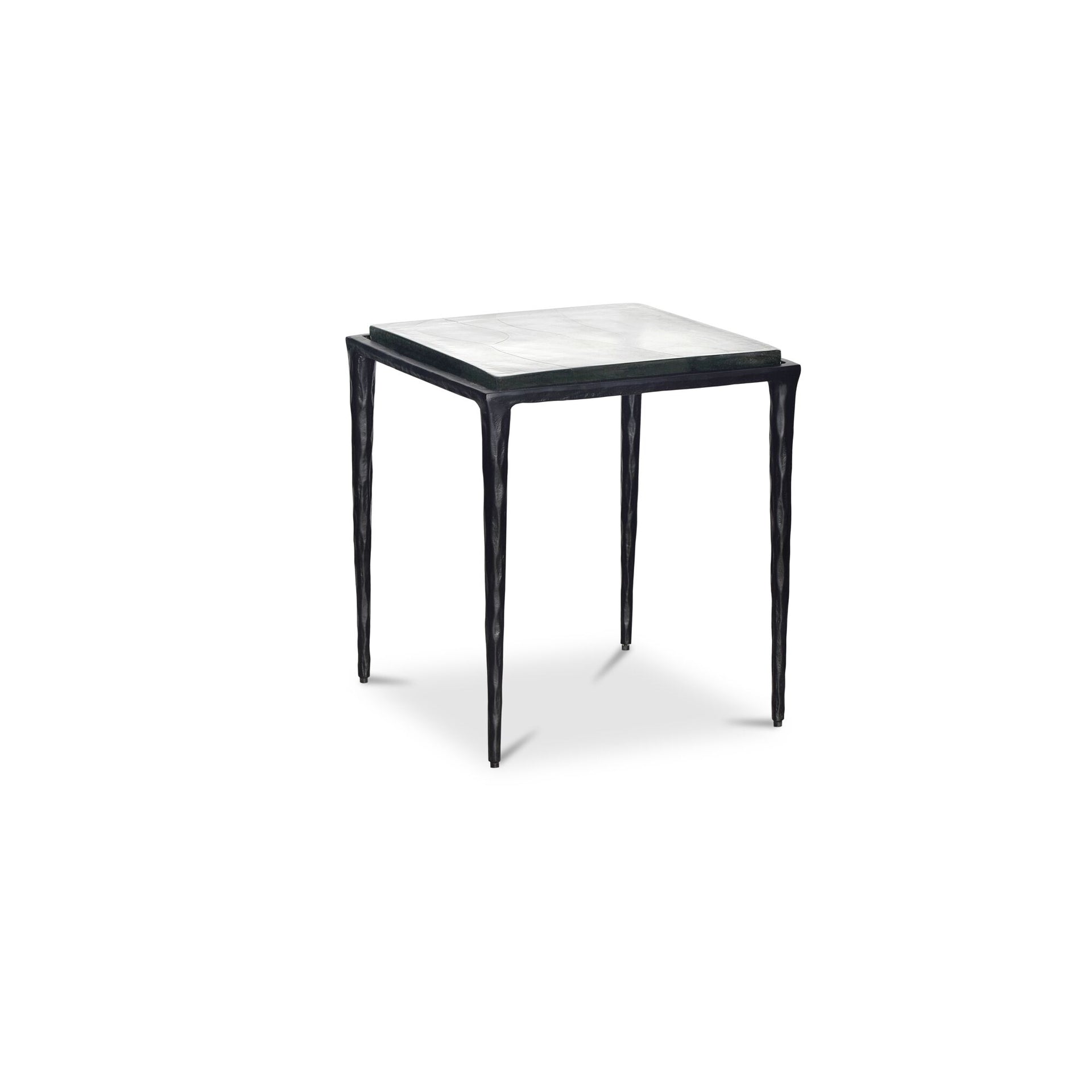 Sabrina Side Table, Square Cast Glass Top, Hammered Aluminum Frame, Clear
