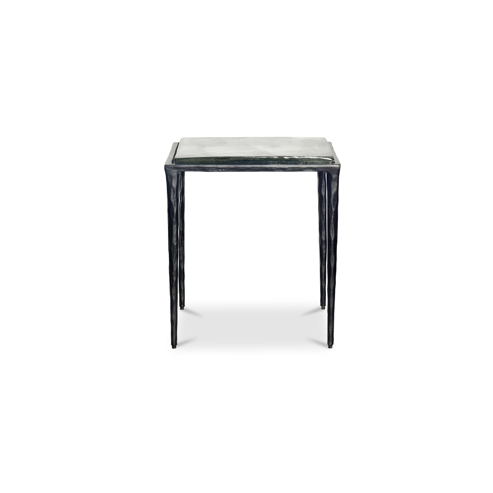 Sabrina Side Table, Square Cast Glass Top, Hammered Aluminum Frame, Clear