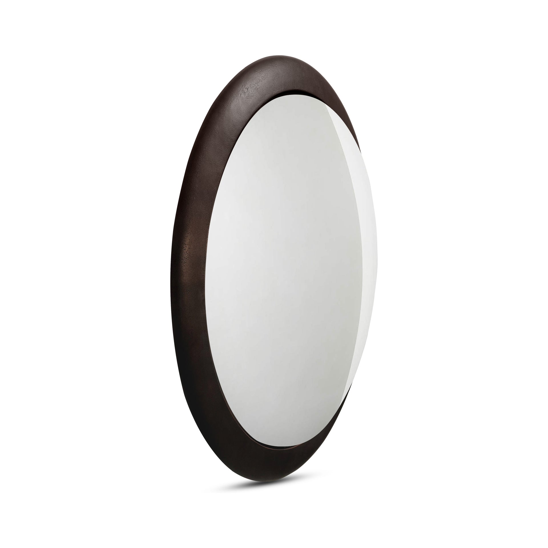 Harbor Mirror, Aluminum Frame, Convex Profile, MDF Back Panel, Modernist Mixed-Material Build, Blackened Bronze
