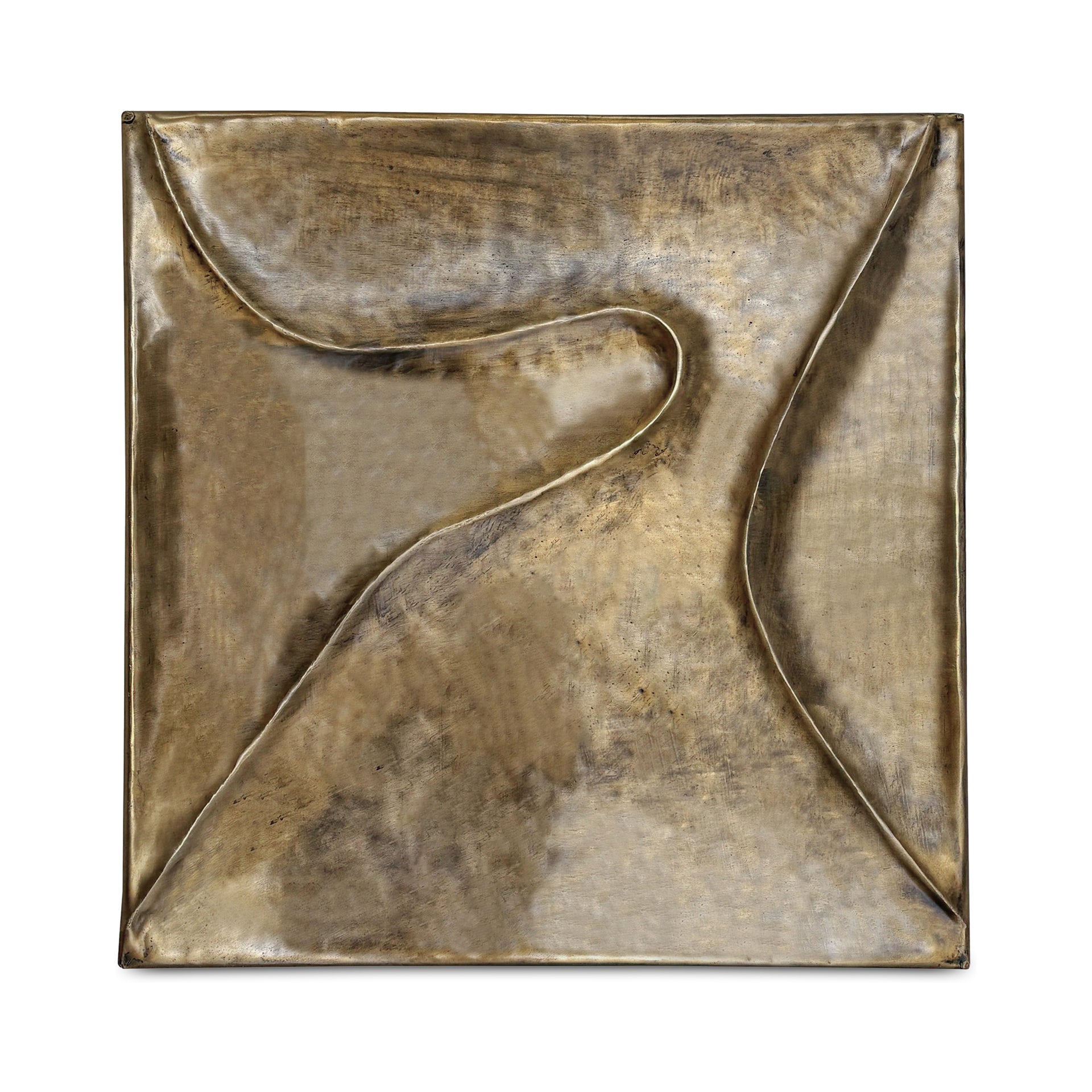 Eloisa Wall Sculpture, Iron, Rippled Folds, Evolving Patina Finish, Aged Brass