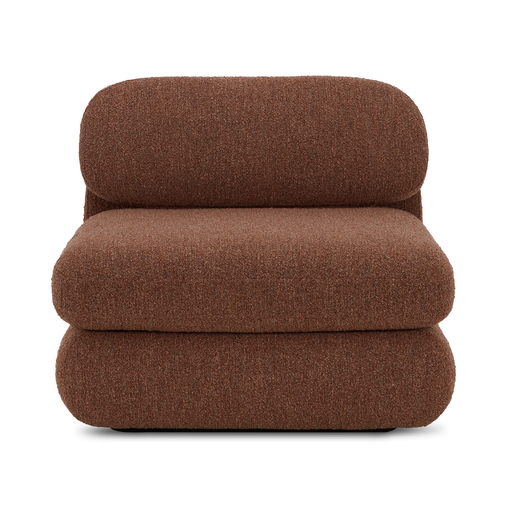 Cyprian Lounge Chair, Bouclé Upholstery, Cushion Back, Curved Form, Toffee