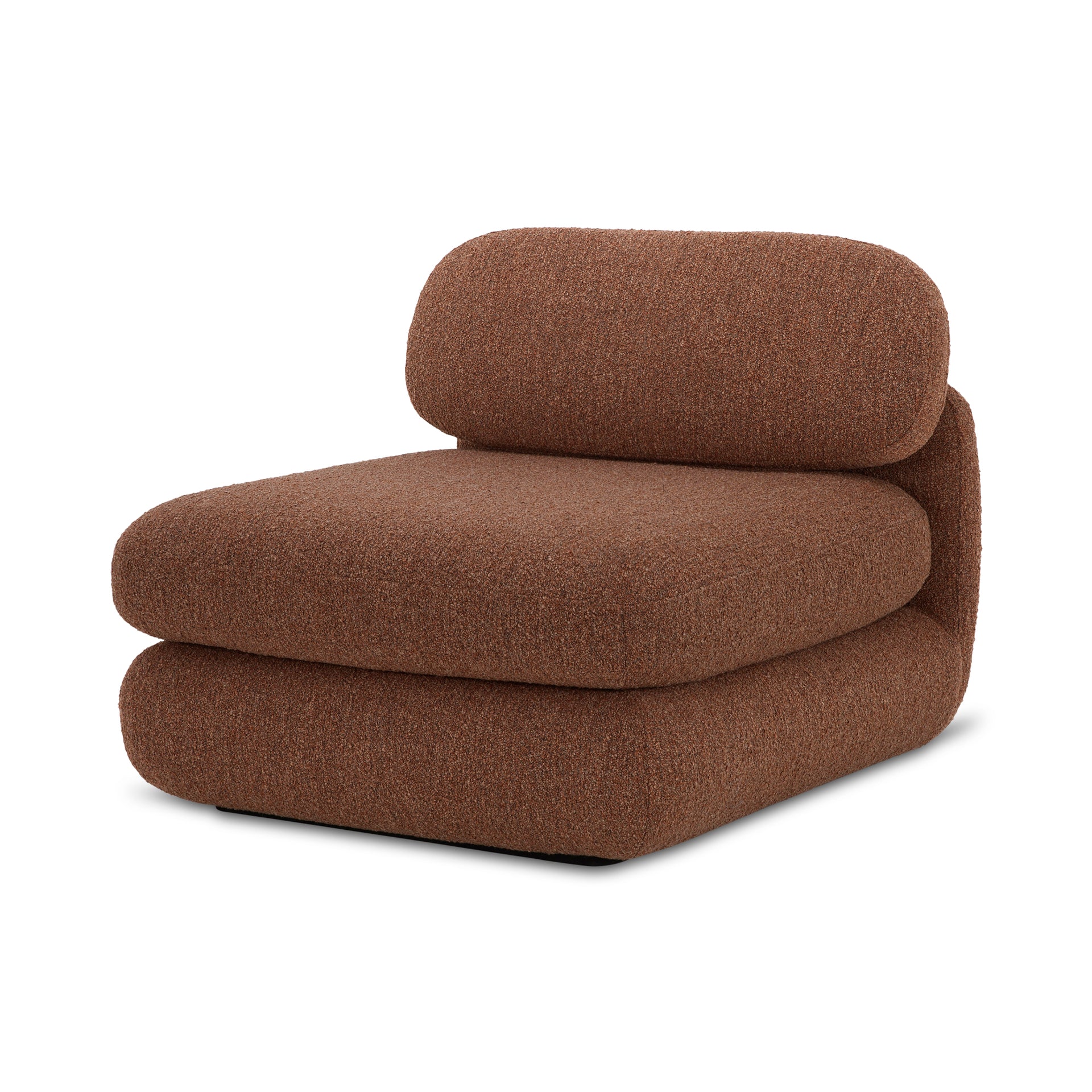 Cyprian Lounge Chair, Bouclé Upholstery, Cushion Back, Curved Form, Toffee