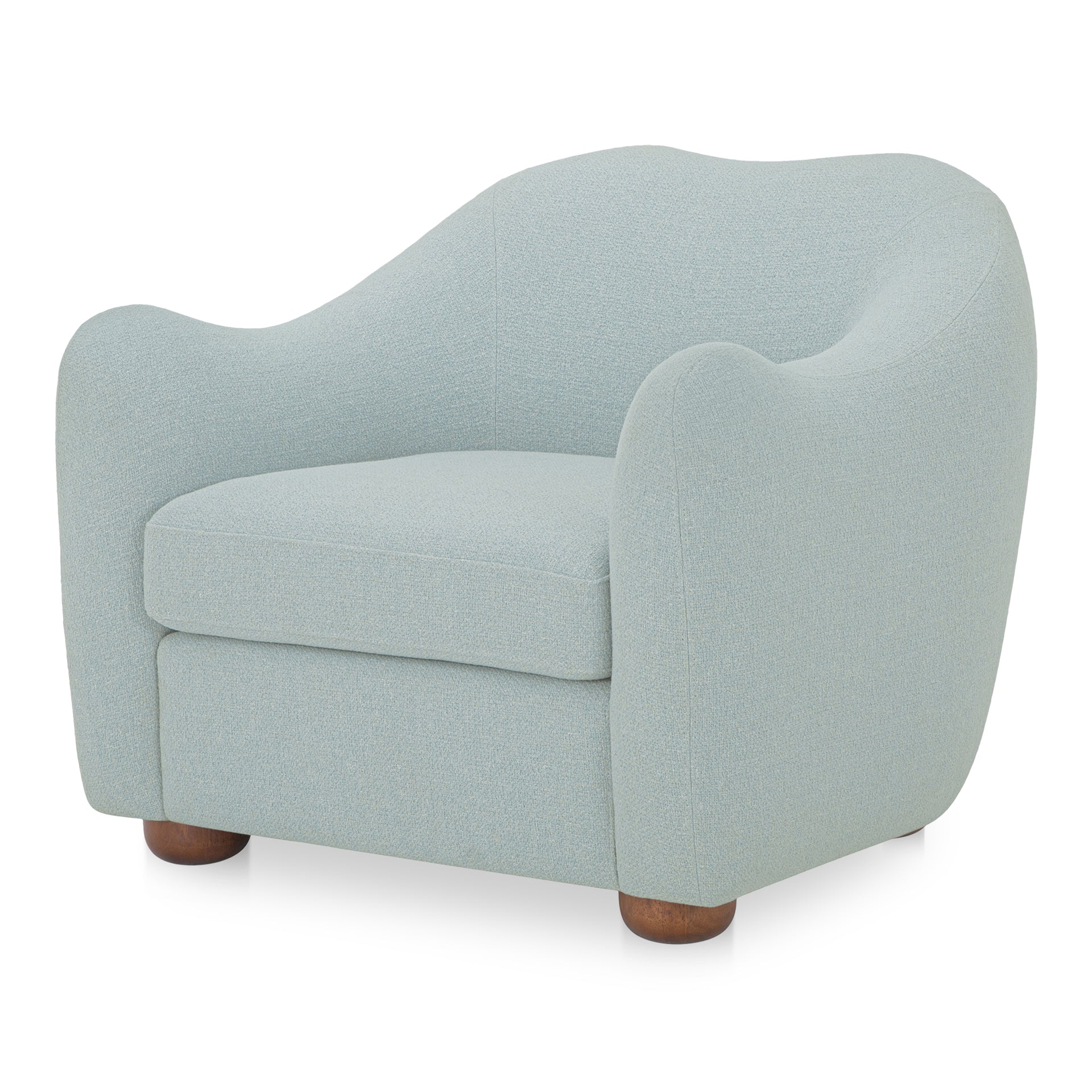 Soraya Accent Chair, Vintage-Inspired Sloped Arm Design, Removable Seat Cushion, Warm Brown Rubberwood Legs, Flecked Light Blue Polyester Upholstery