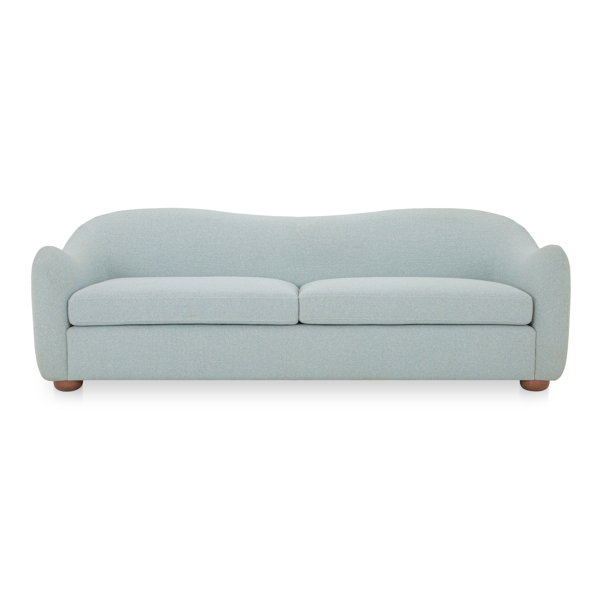Soraya Sofa, Vintage-Inspired Sloped Arm Design, Removable Seat Cushion, Warm Brown Rubberwood Legs, Flecked Light Blue Polyester Upholstery