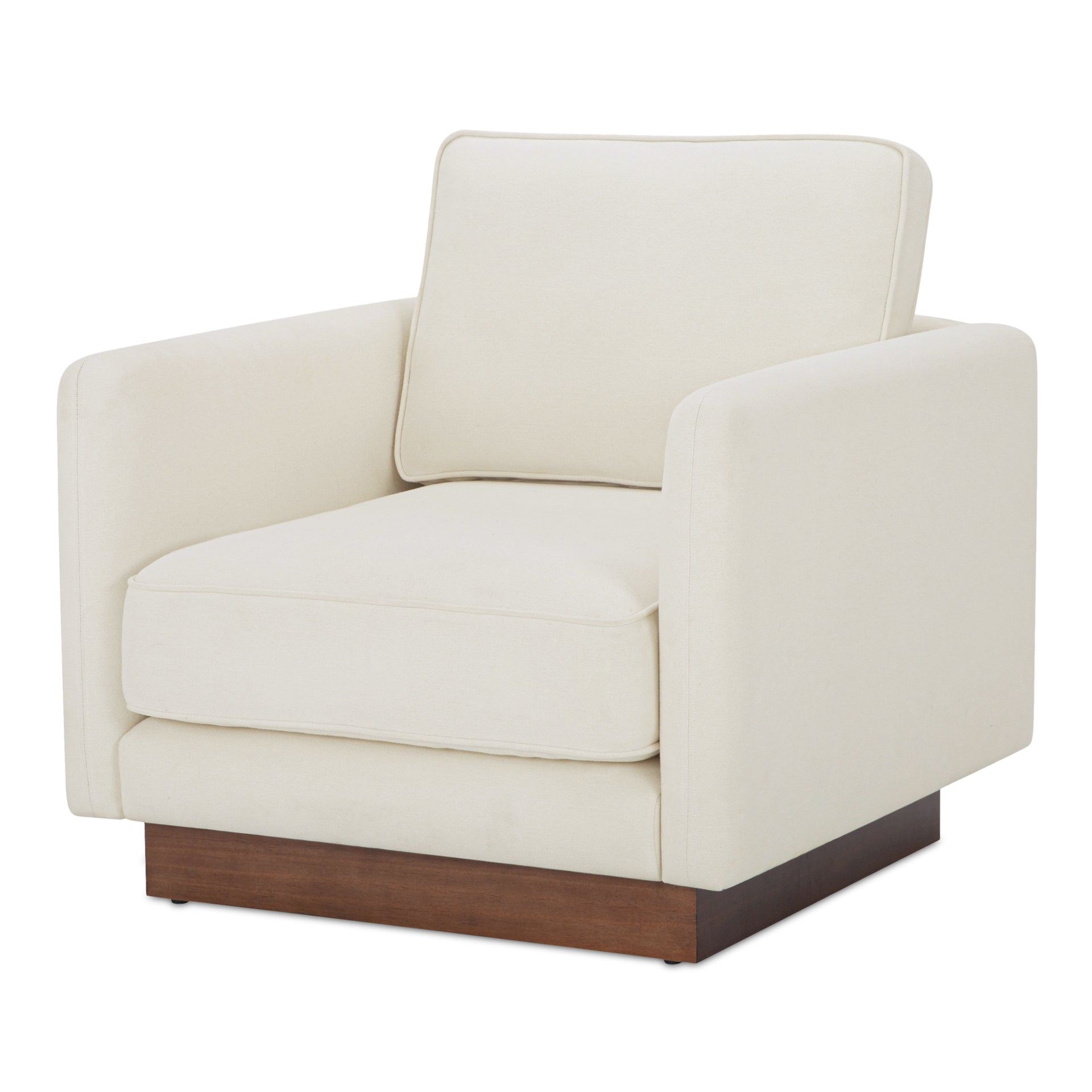 Indigo Accent Chair, Oversized Lounge Seat with Walnut Tone Veneer Plinth Base, Green Guard-Certified Polyester Upholstery, White