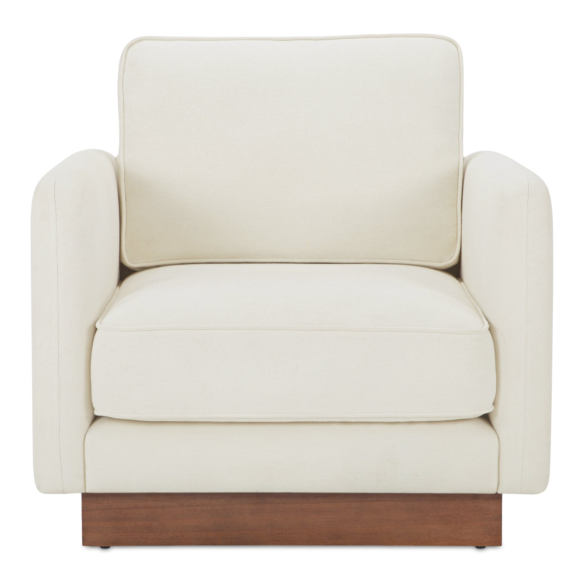 Indigo Accent Chair, Oversized Lounge Seat with Walnut Tone Veneer Plinth Base, Green Guard-Certified Polyester Upholstery, White