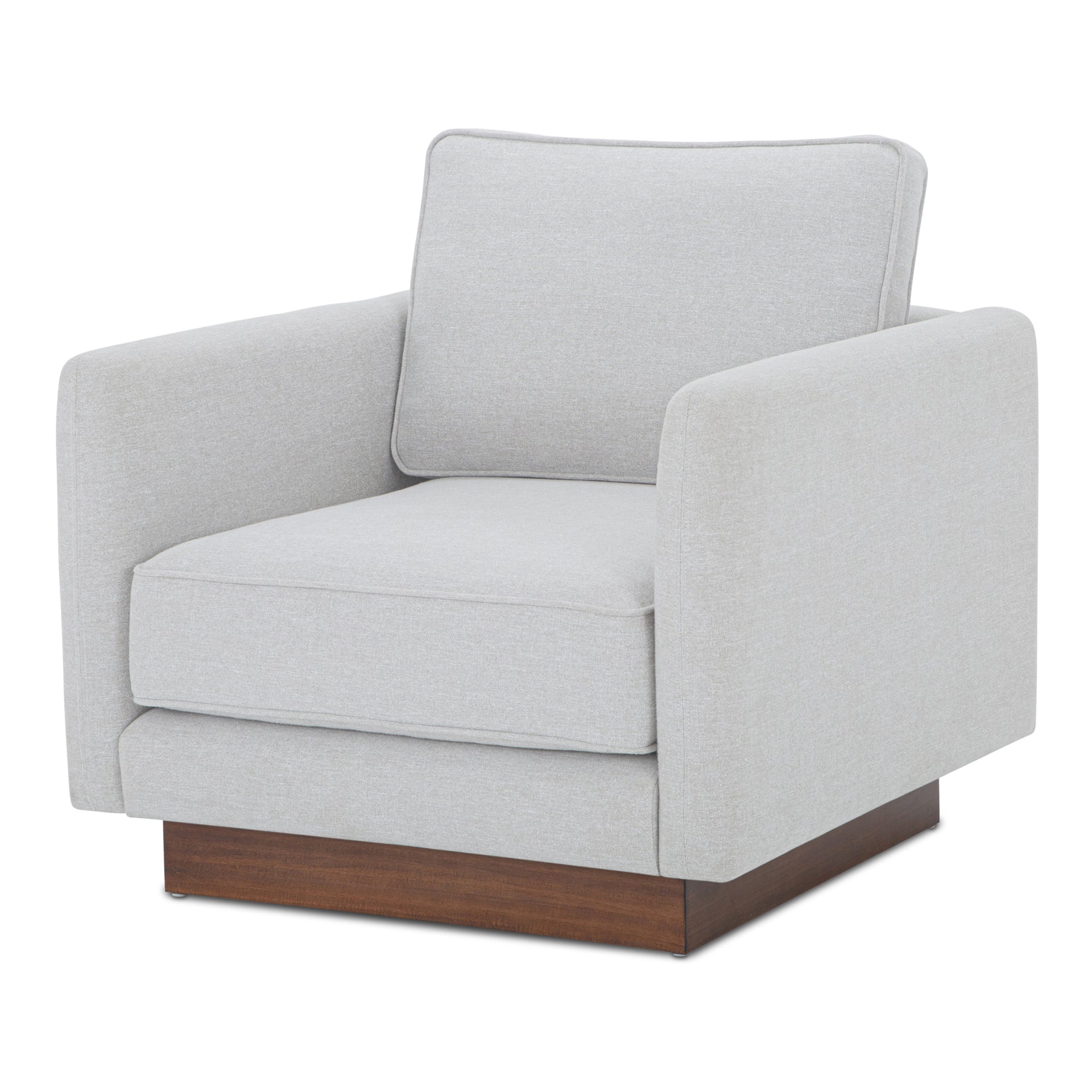 Indigo Accent Chair, Oversized Lounge Seat with Walnut Tone Veneer Plinth Base, Green Guard-Certified Polyester Upholstery, Grey