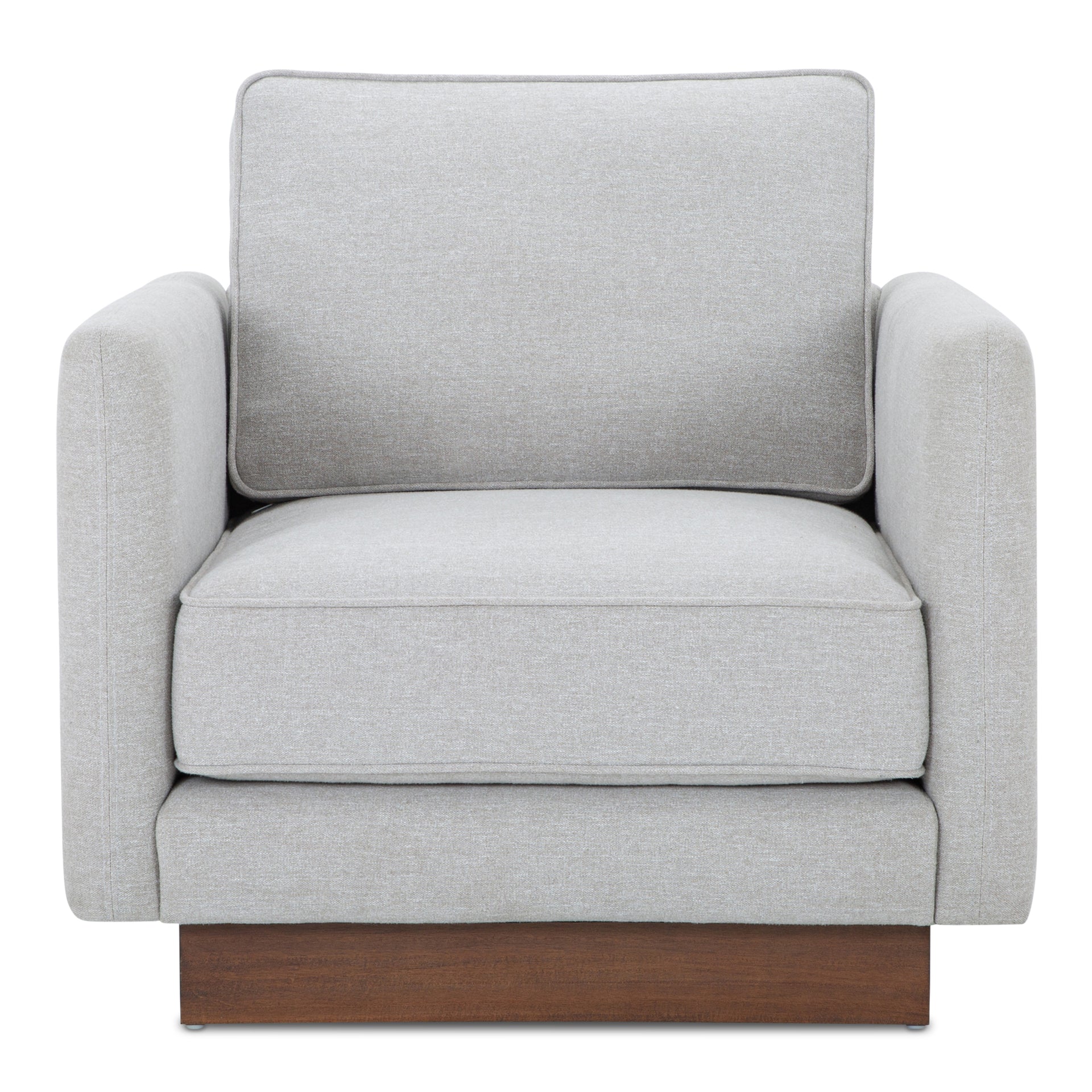 Indigo Accent Chair, Oversized Lounge Seat with Walnut Tone Veneer Plinth Base, Green Guard-Certified Polyester Upholstery, Grey