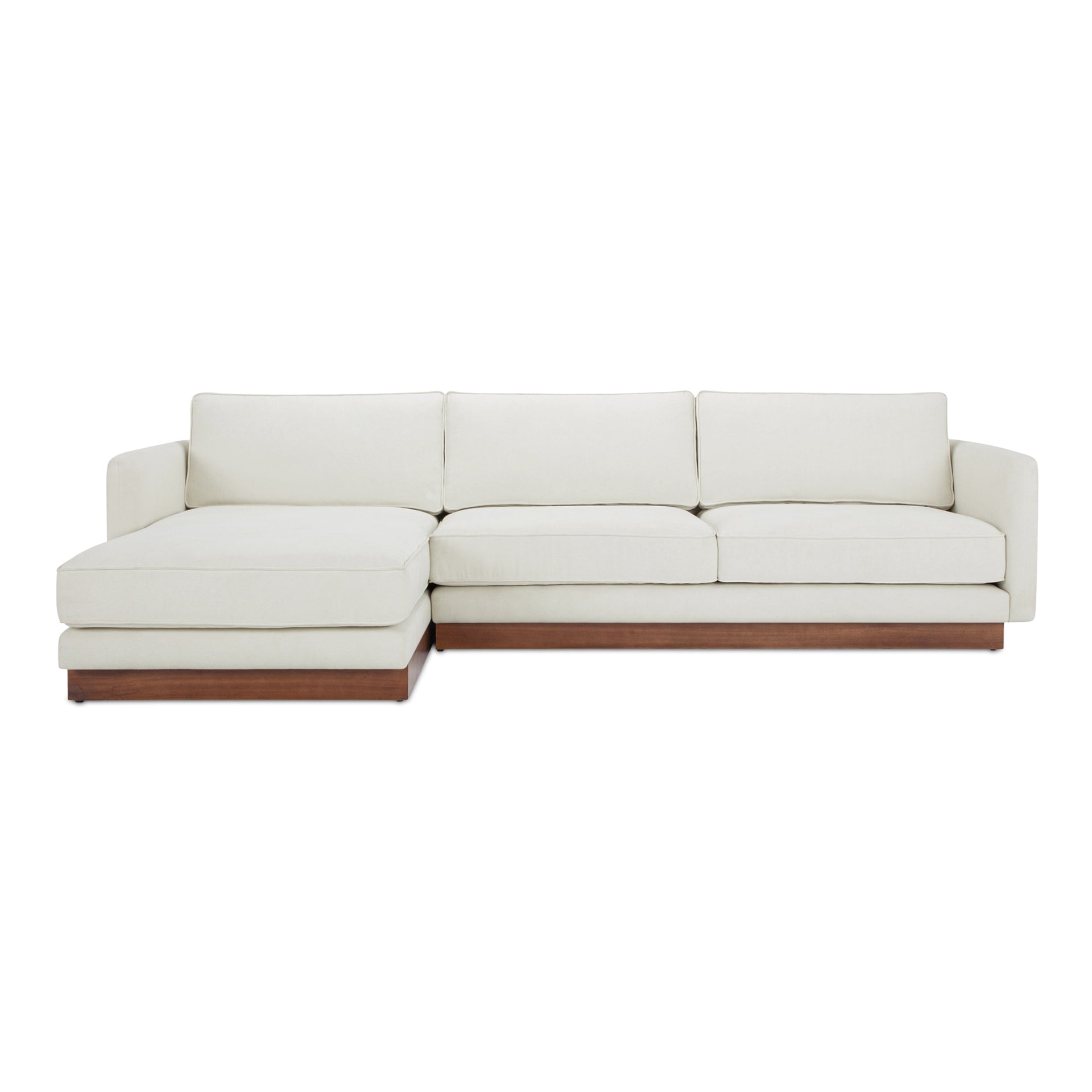 Indigo Left-Facing Sectional Sofa, GreenGuard Polyester Upholstery, Walnut Tone Plinth Base, White