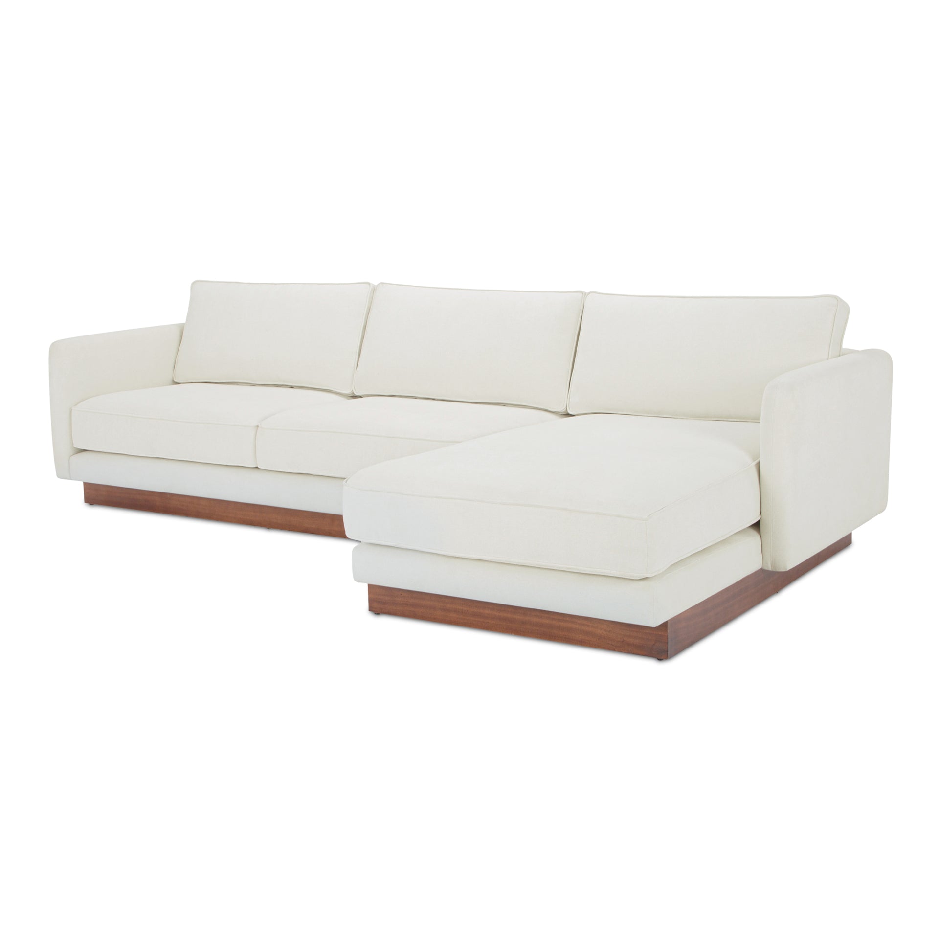 Indigo Right-Facing Sectional Sofa, GreenGuard Polyester Upholstery, Walnut Tone Plinth Base, White