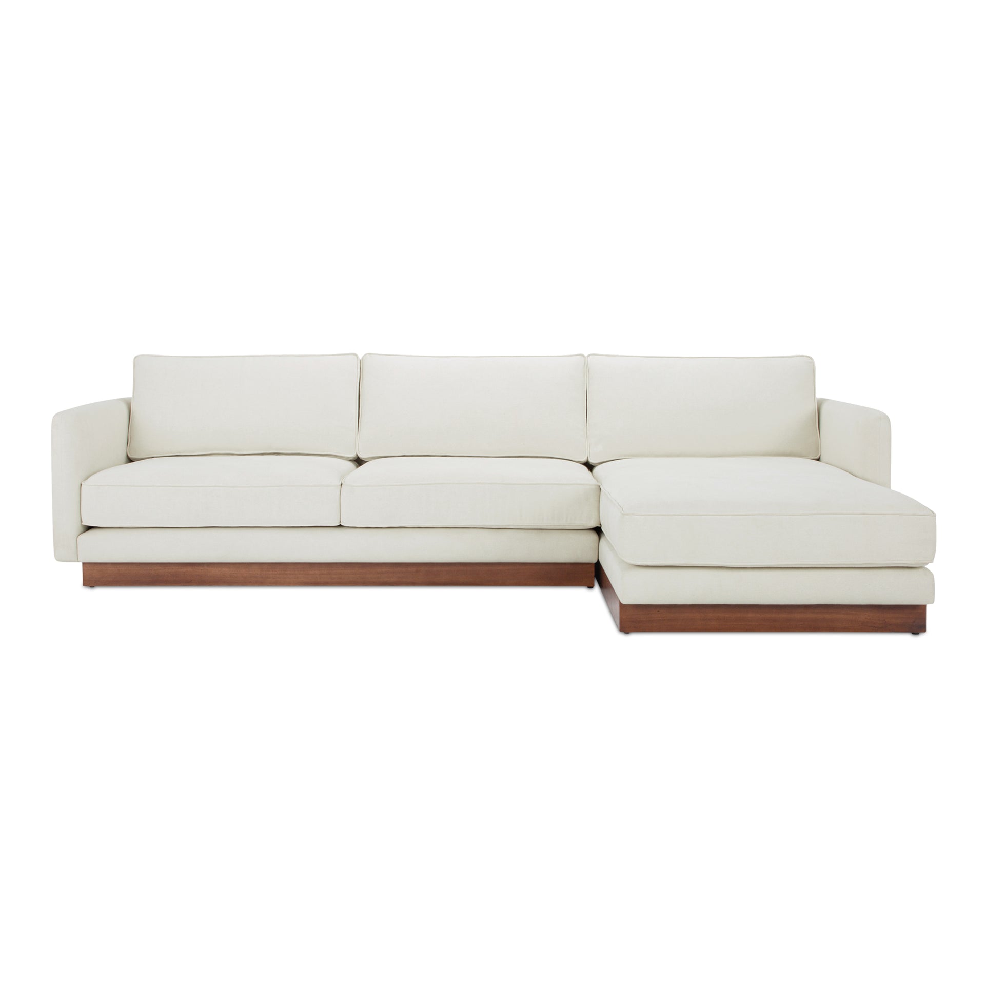 Indigo Right-Facing Sectional Sofa, GreenGuard Polyester Upholstery, Walnut Tone Plinth Base, White