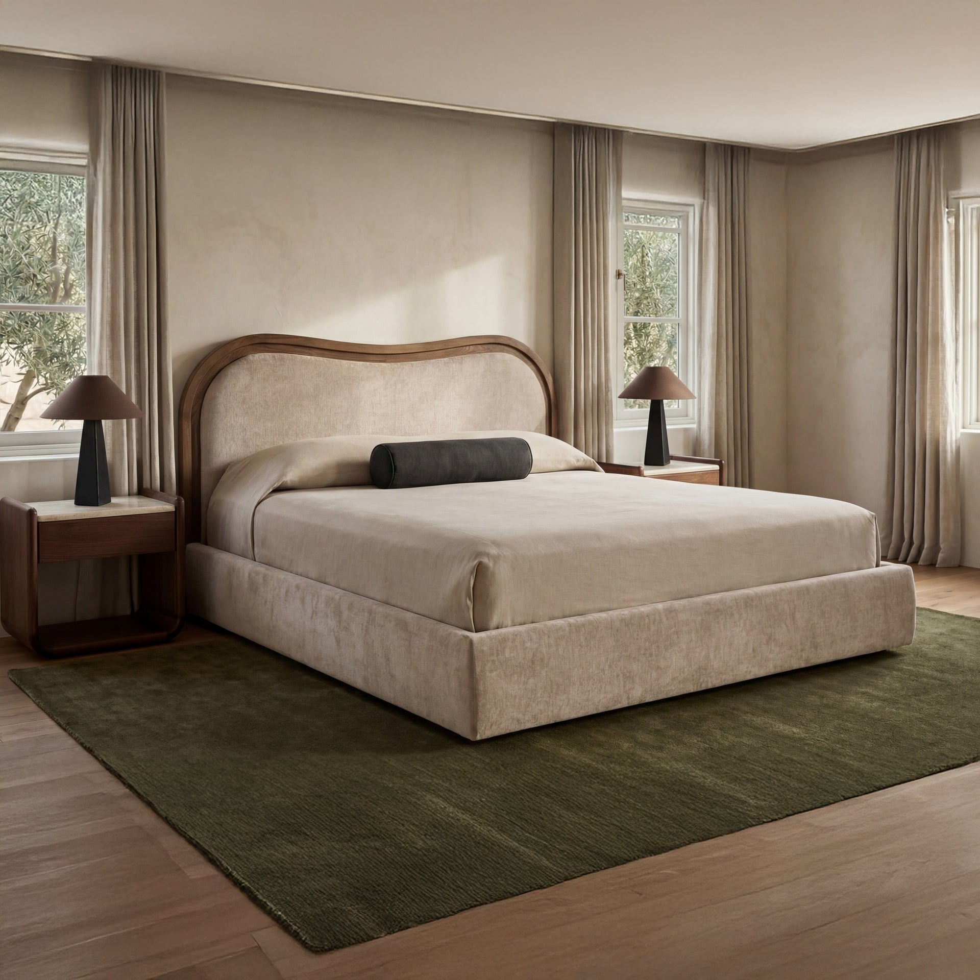 Theodosia Queen Bed, Solid Ash Frame, Wave Headboard, Polyester Upholstery, No Box Spring Needed, Oat