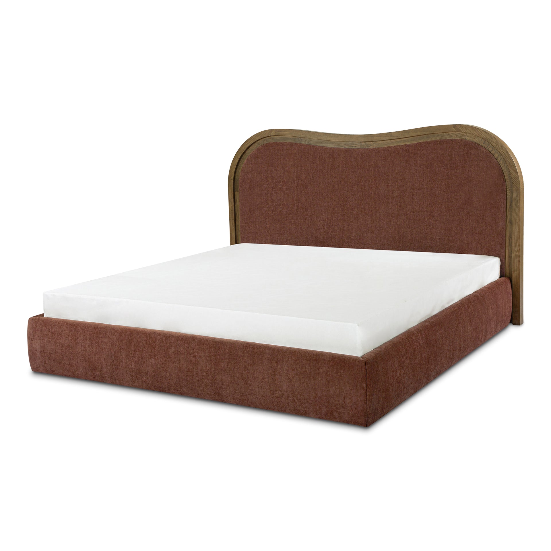 Theodosia King Bed, Art Deco-Inspired Wave Headboard, Solid Ash Frame in Chestnut Finish with Foam and Fiber Upholstery