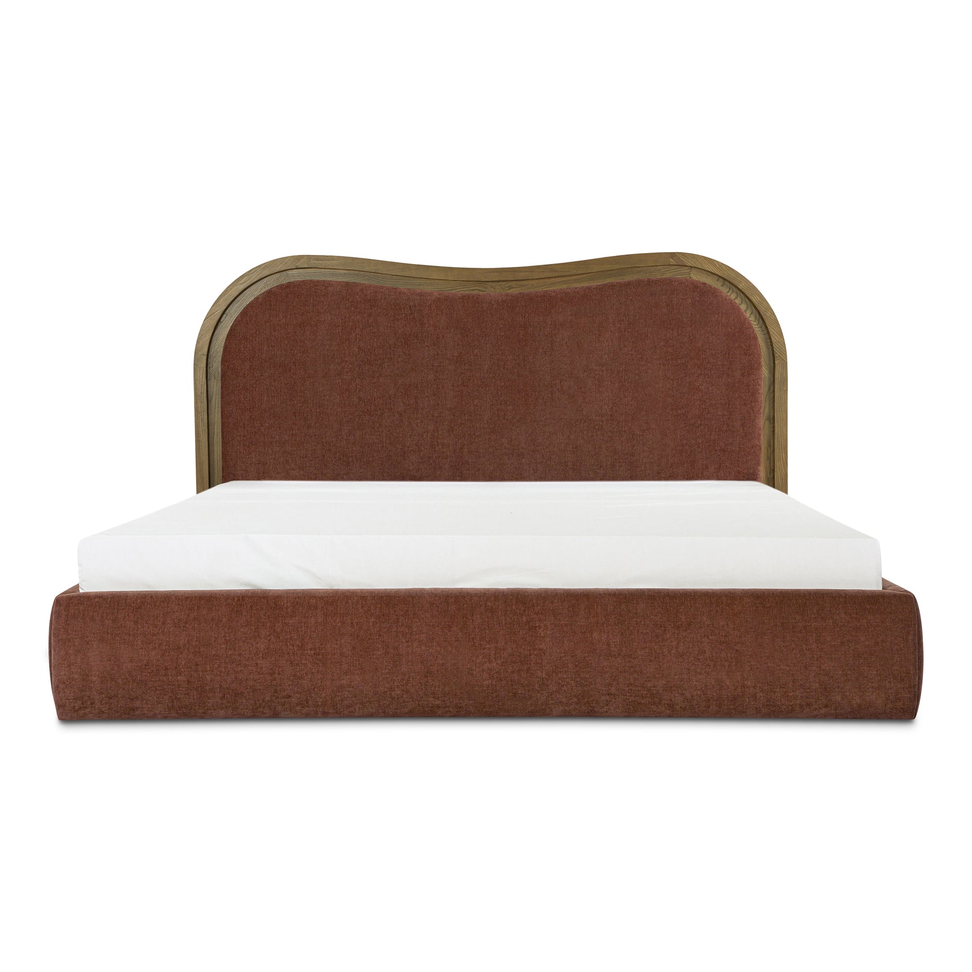 Theodosia King Bed, Art Deco-Inspired Wave Headboard, Solid Ash Frame in Chestnut Finish with Foam and Fiber Upholstery
