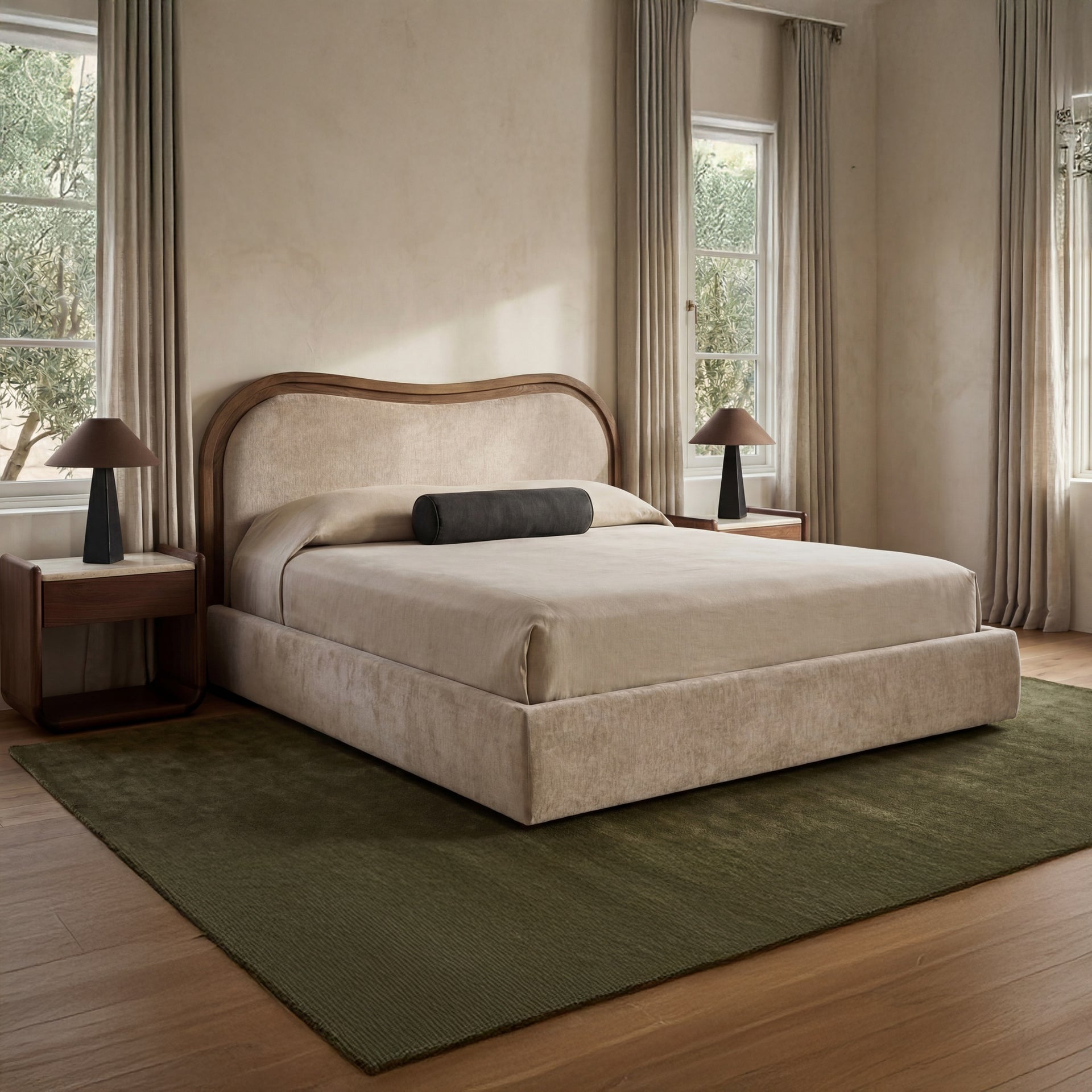 Theodosia King Bed, Solid Ash Frame, Wave Headboard, Polyester Upholstery, No Box Spring Needed, Oat