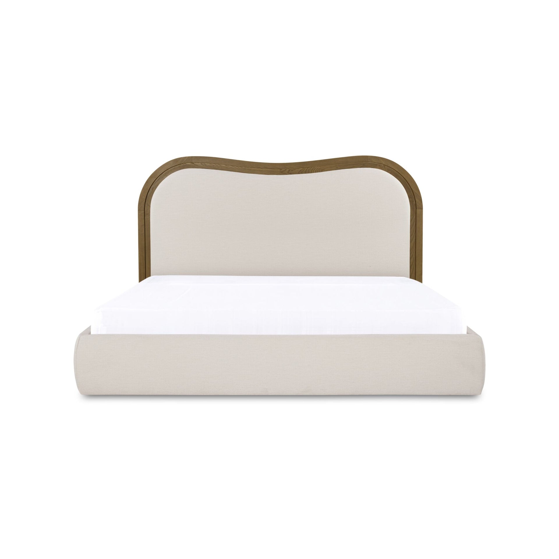 Theodosia King Bed, Solid Ash Frame, Wave Headboard, Polyester Upholstery, No Box Spring Needed, Oat