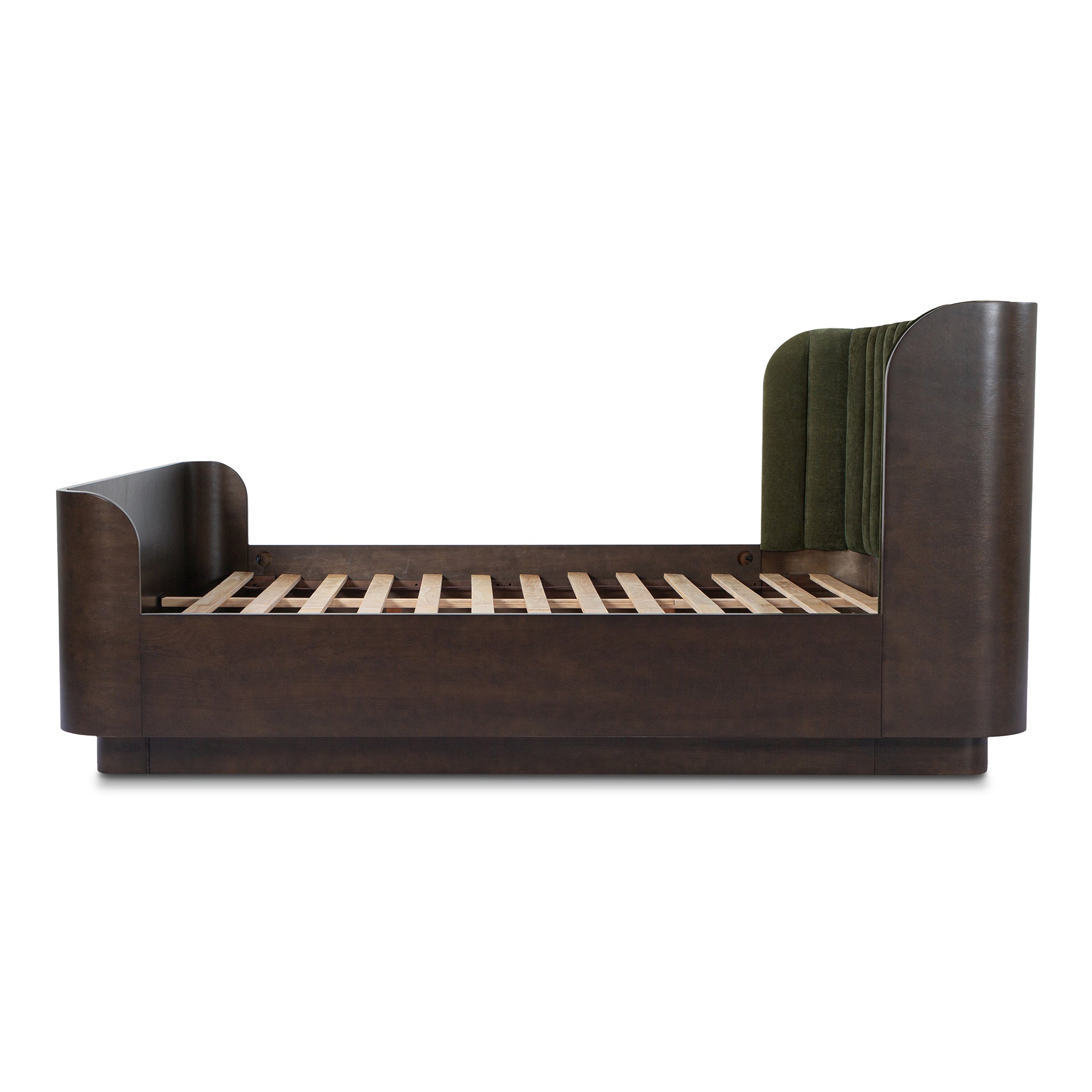 Elric Queen Bed, Curved Sleigh Headboard, Upholstered Frame with Rubber Wood Base, No Box Spring Required, Cedar Green