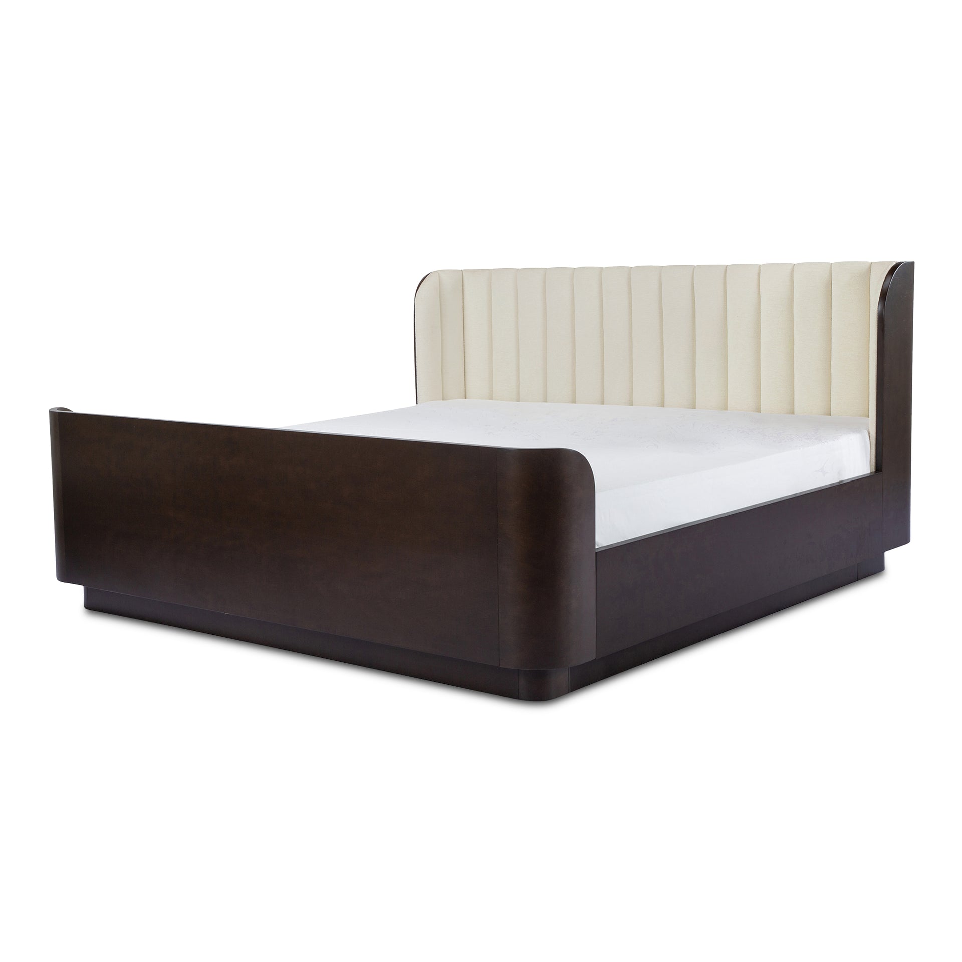Elric King Bed, Curved Sleigh Headboard, Upholstered Frame with Rubber Wood Base, No Box Spring Required, Cream