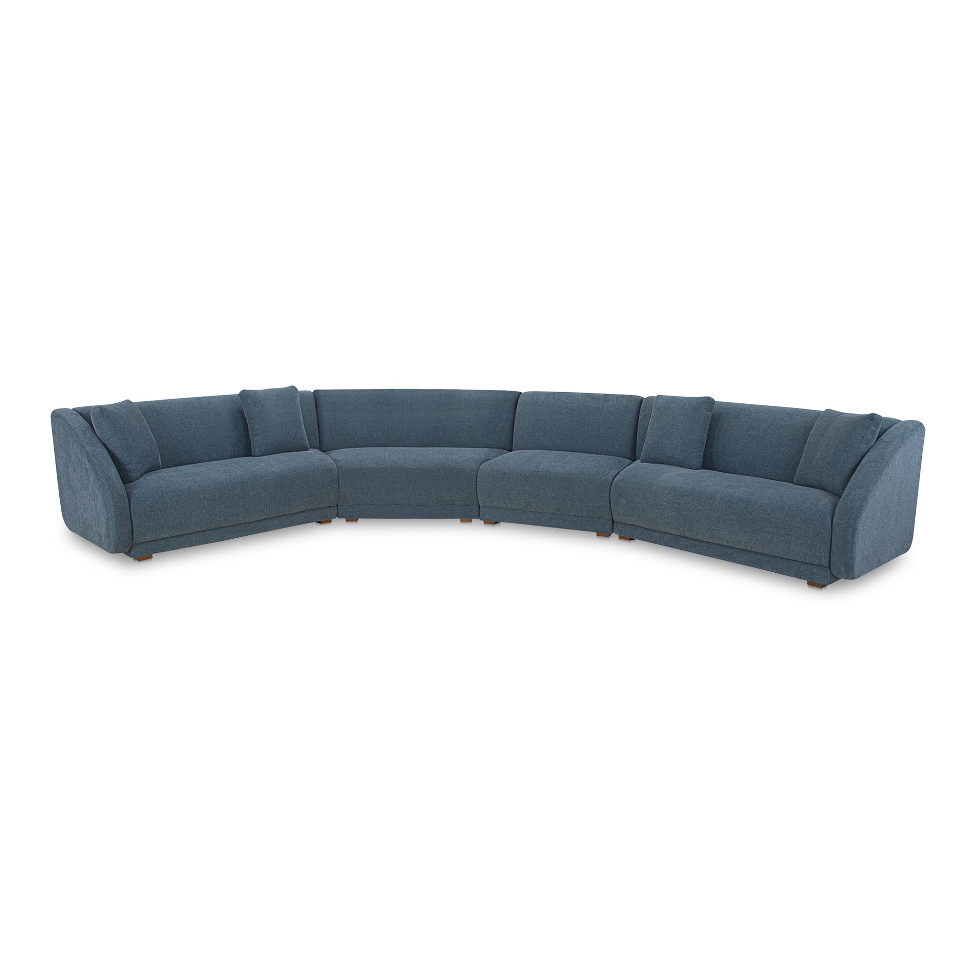 Solace 4 Piece Modular Sectional, Angled Sides, Sloped Arms, Deep Foam & Fiber Cushioning, Plinth Base, Four Toss Cushions, Deep Blue
