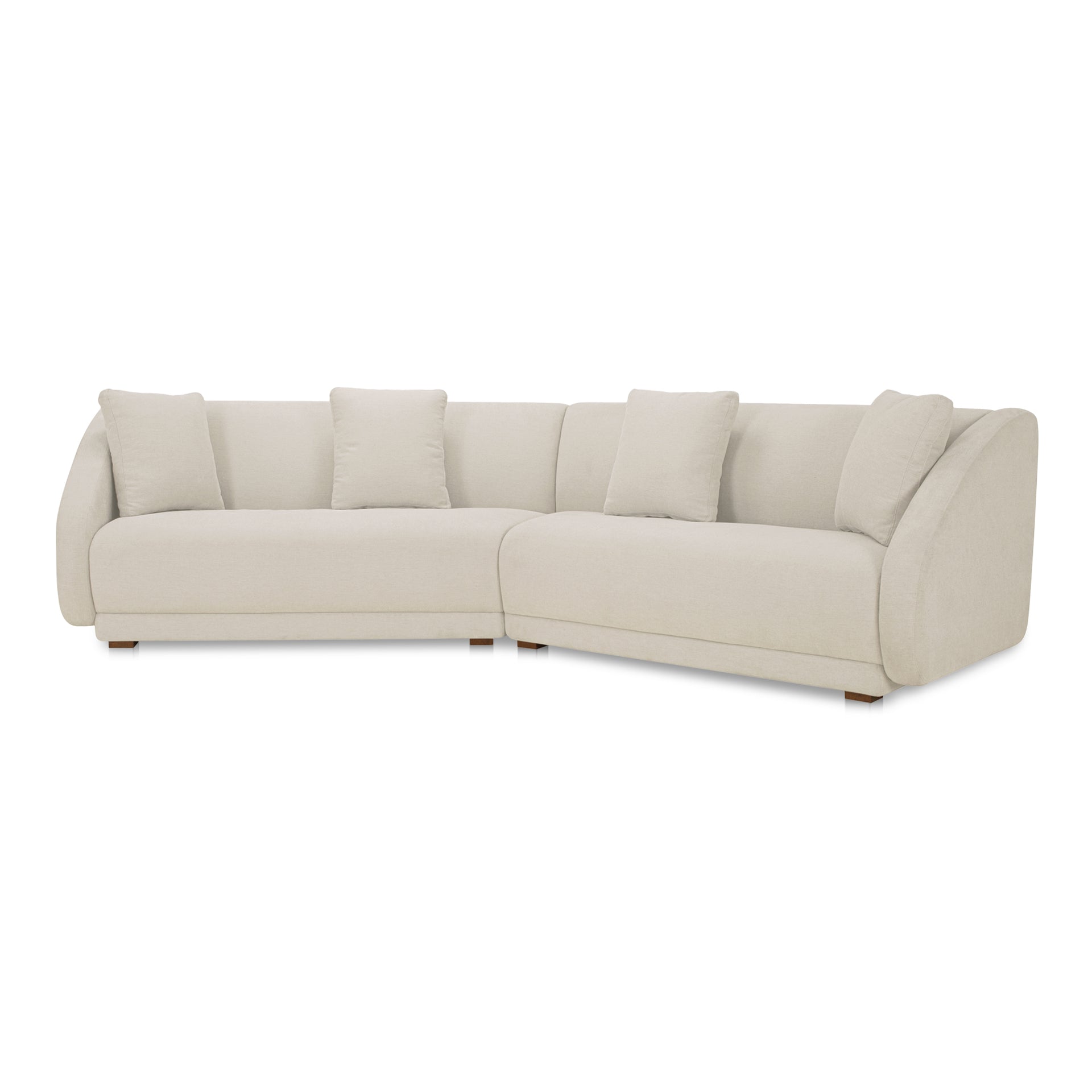 Solace 2 Piece Modular Sectional, Angled Sides, Sloped Arms, Deep Foam & Fiber Cushioning, Plinth Base, Four Toss Cushions, White