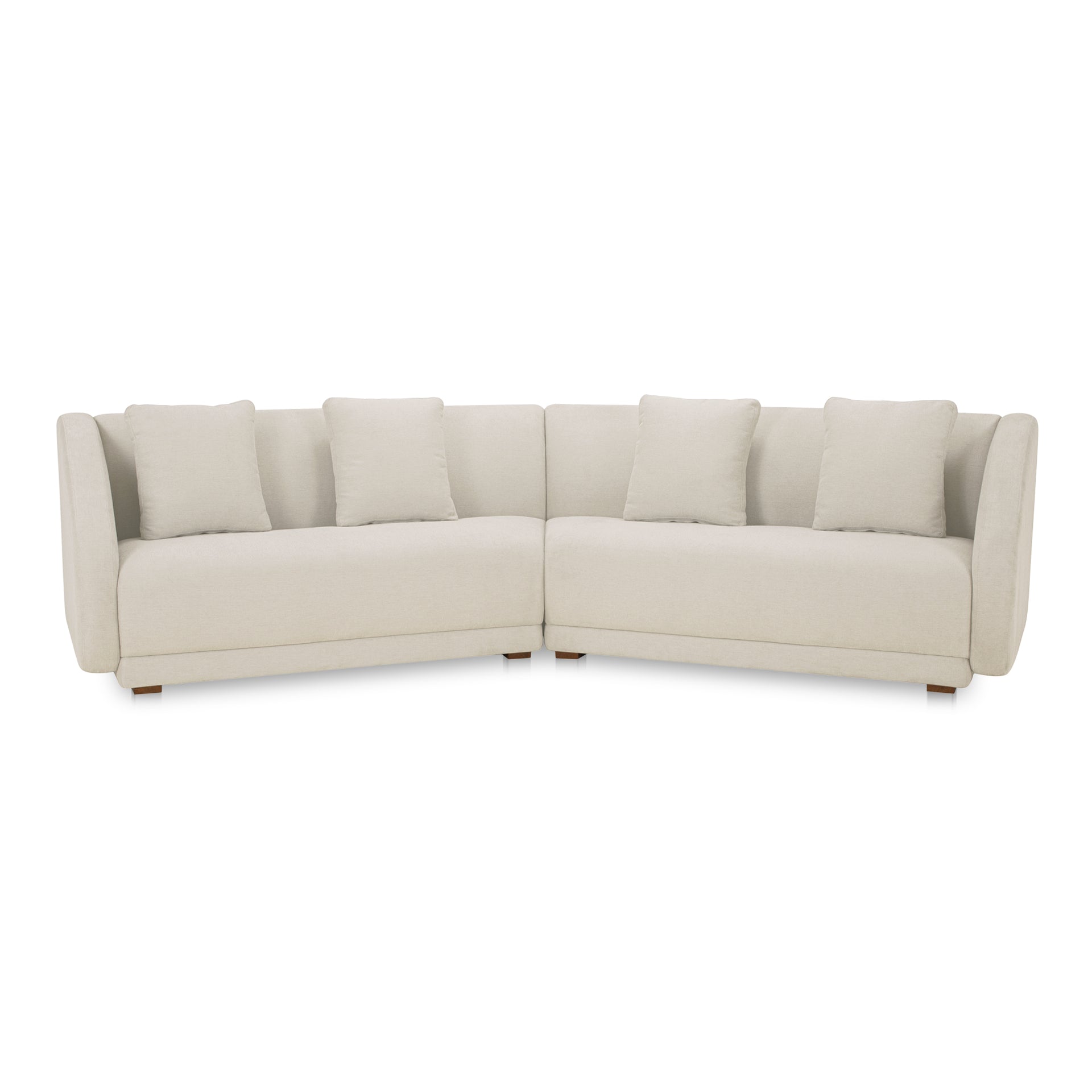 Solace 2 Piece Modular Sectional, Angled Sides, Sloped Arms, Deep Foam & Fiber Cushioning, Plinth Base, Four Toss Cushions, White