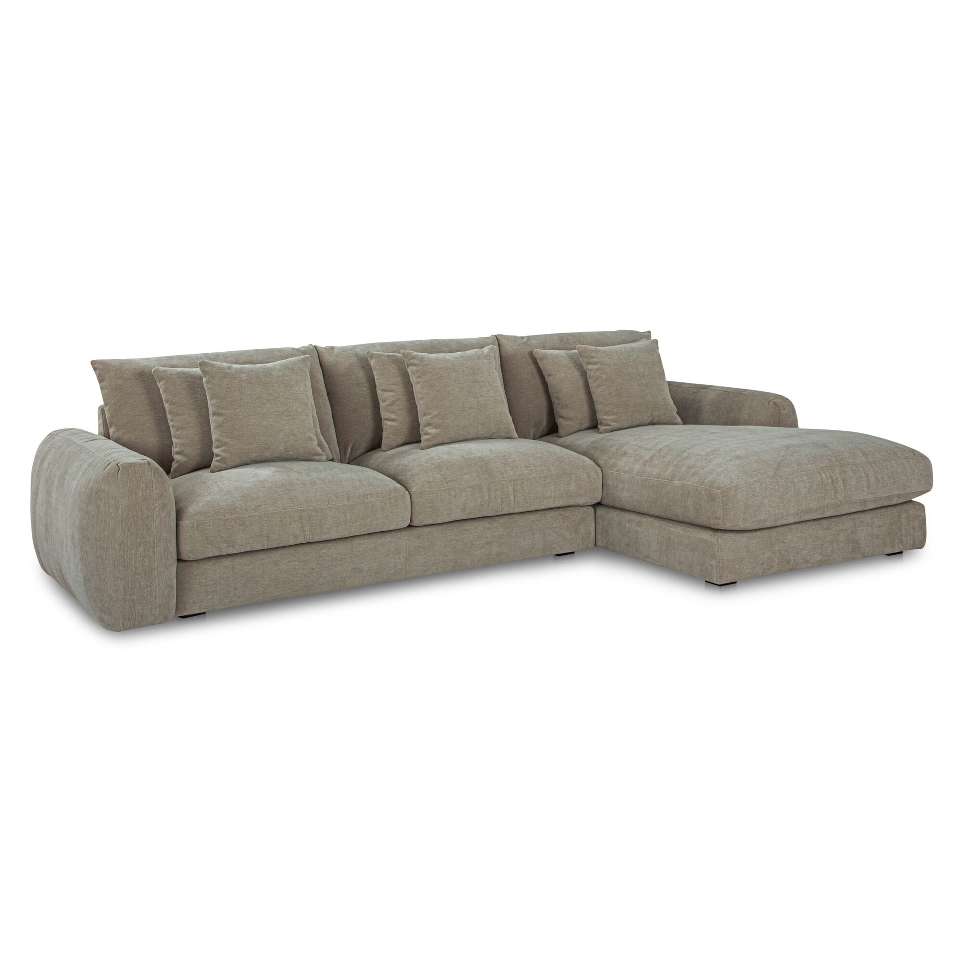 Avelyn Right Facing Sectional, Polyester Fabric, Faux Feather Fill, Nine Cushions Included, Pebble