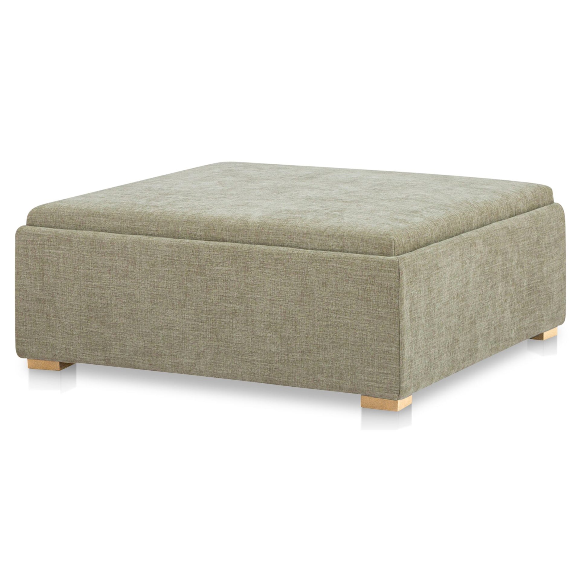 Mirelda Ottoman, Dual-Function Upholstered Top with Tray Surface, Polyester Linen Blend Upholstery, Washed Green