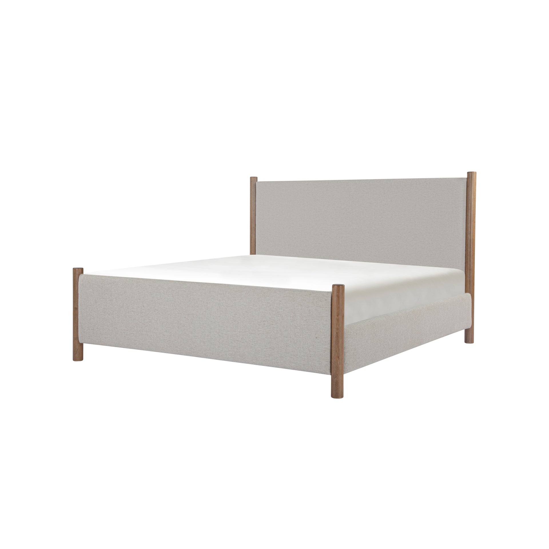 Mirelda King Bed, Four-Post Polyester Upholstery, Walnut-Stained Rubberwood Legs, No Box Spring Required, Beige