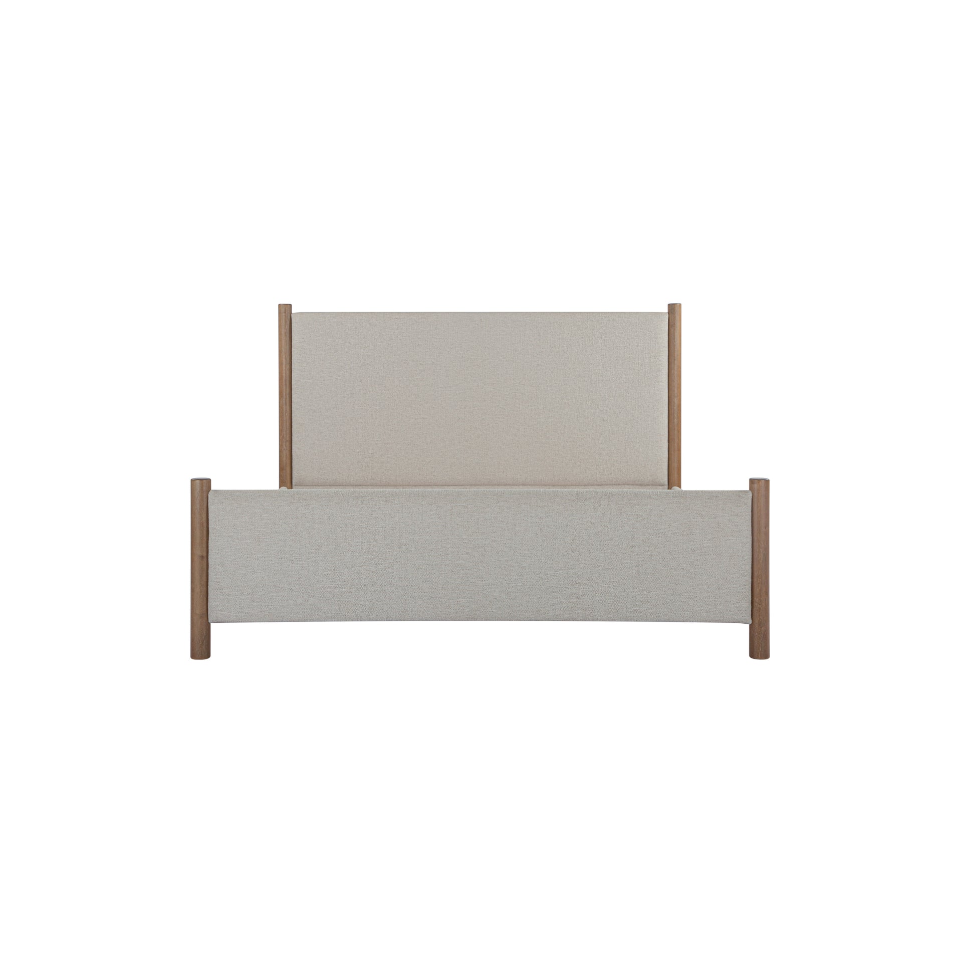 Mirelda King Bed, Four-Post Polyester Upholstery, Walnut-Stained Rubberwood Legs, No Box Spring Required, Beige
