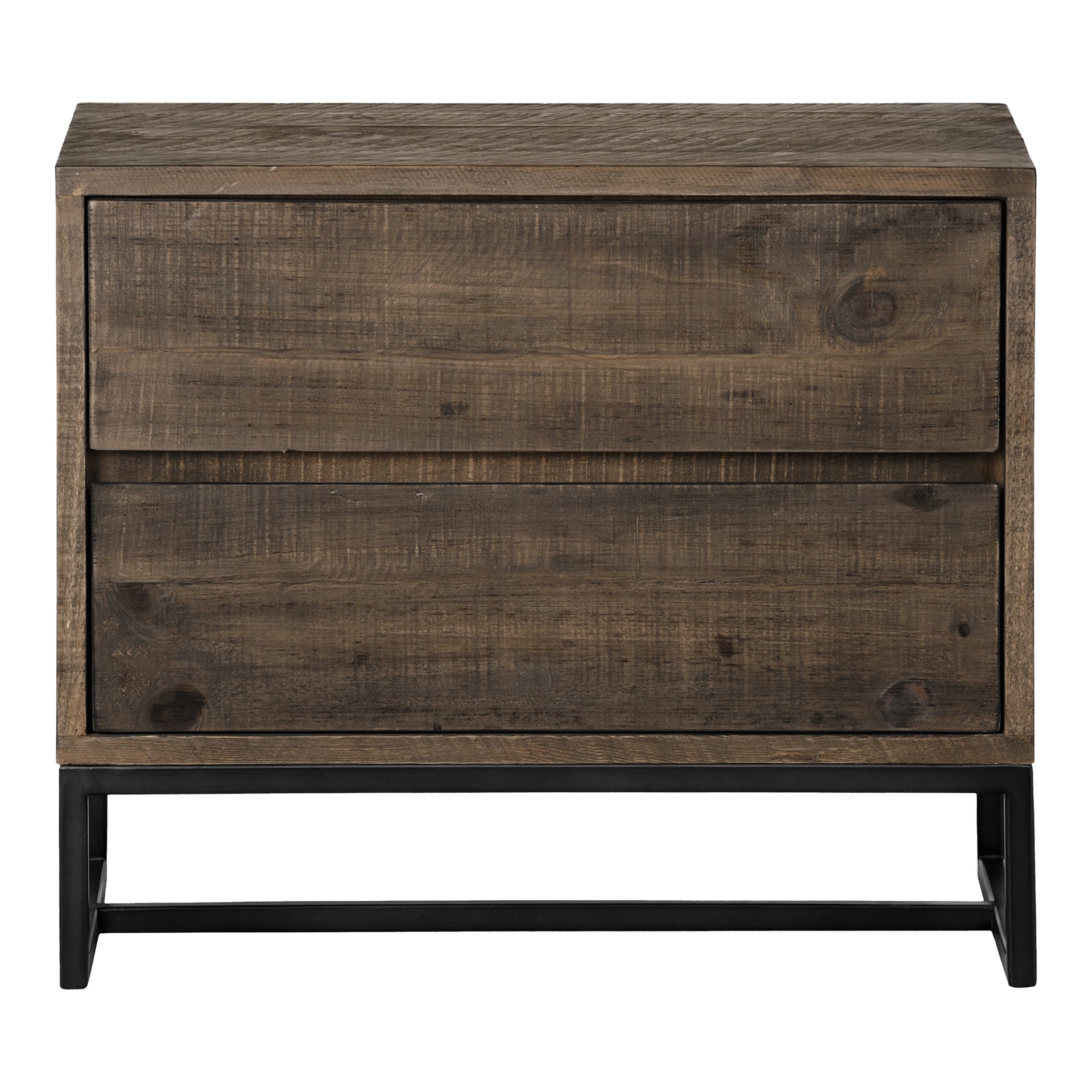 Helen, Nightstand Rustic Solid Pine with Metal Base, Dual Drawer, Light Brown