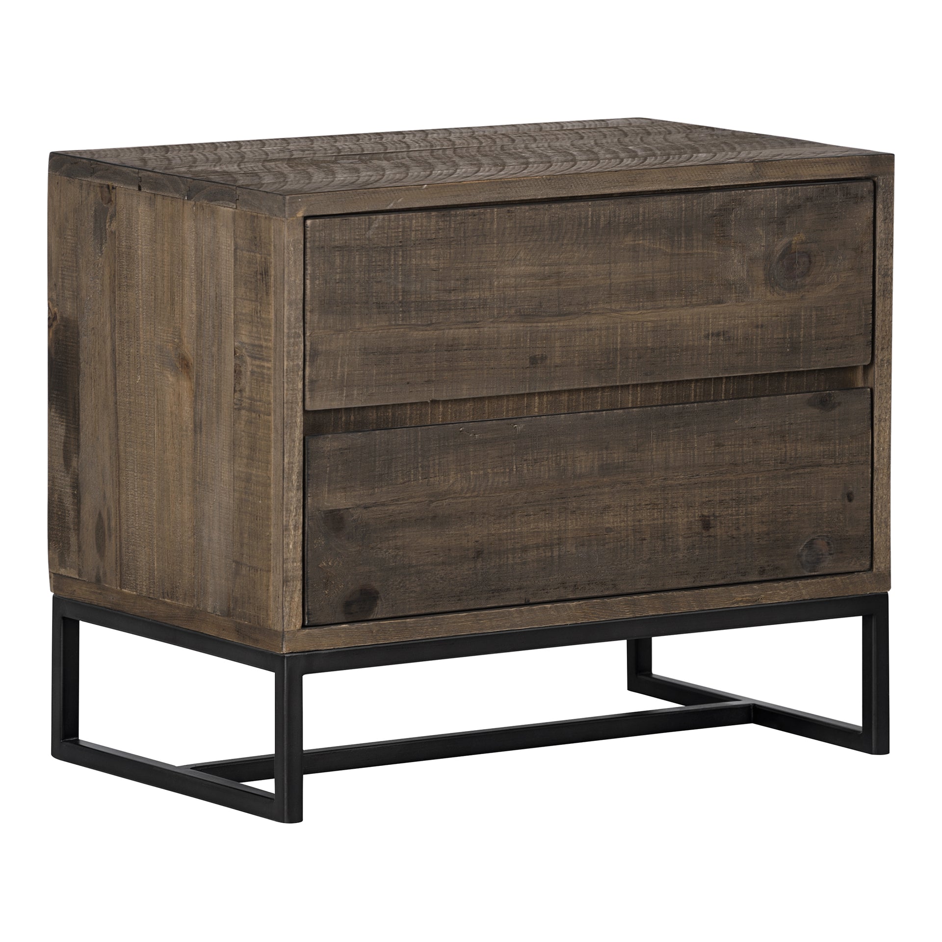 Helen, Nightstand Rustic Solid Pine with Metal Base, Dual Drawer, Light Brown