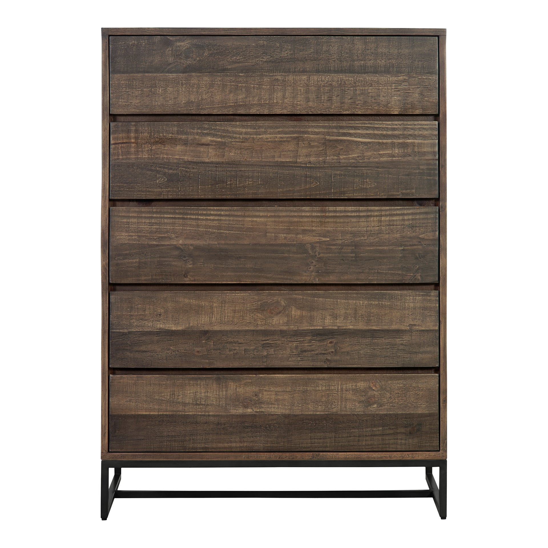 Vesper, Dresser, Rustic Solid Pine with Stainless Steel Base, 5 Drawers, Brown