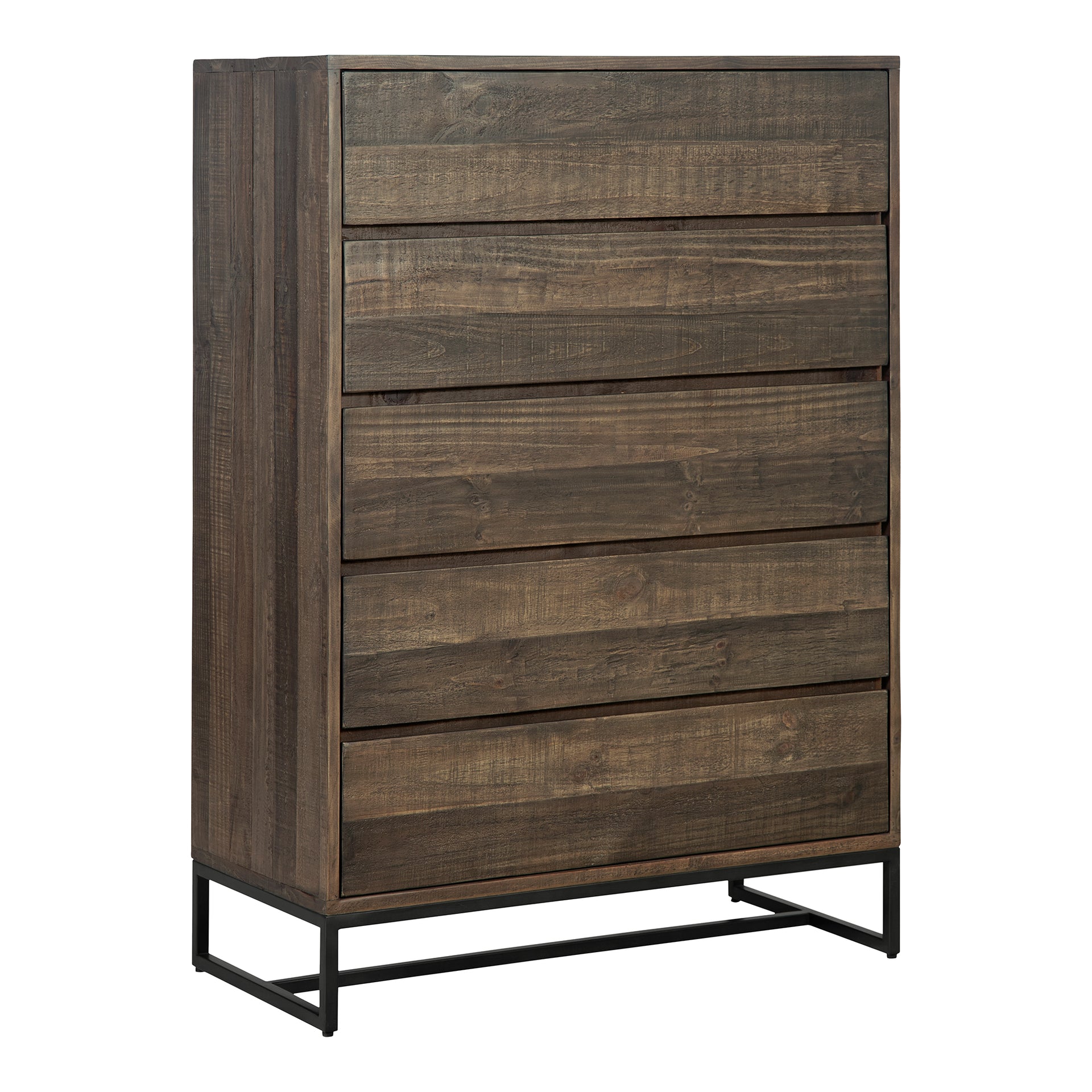 Vesper, Dresser, Rustic Solid Pine with Stainless Steel Base, 5 Drawers, Brown