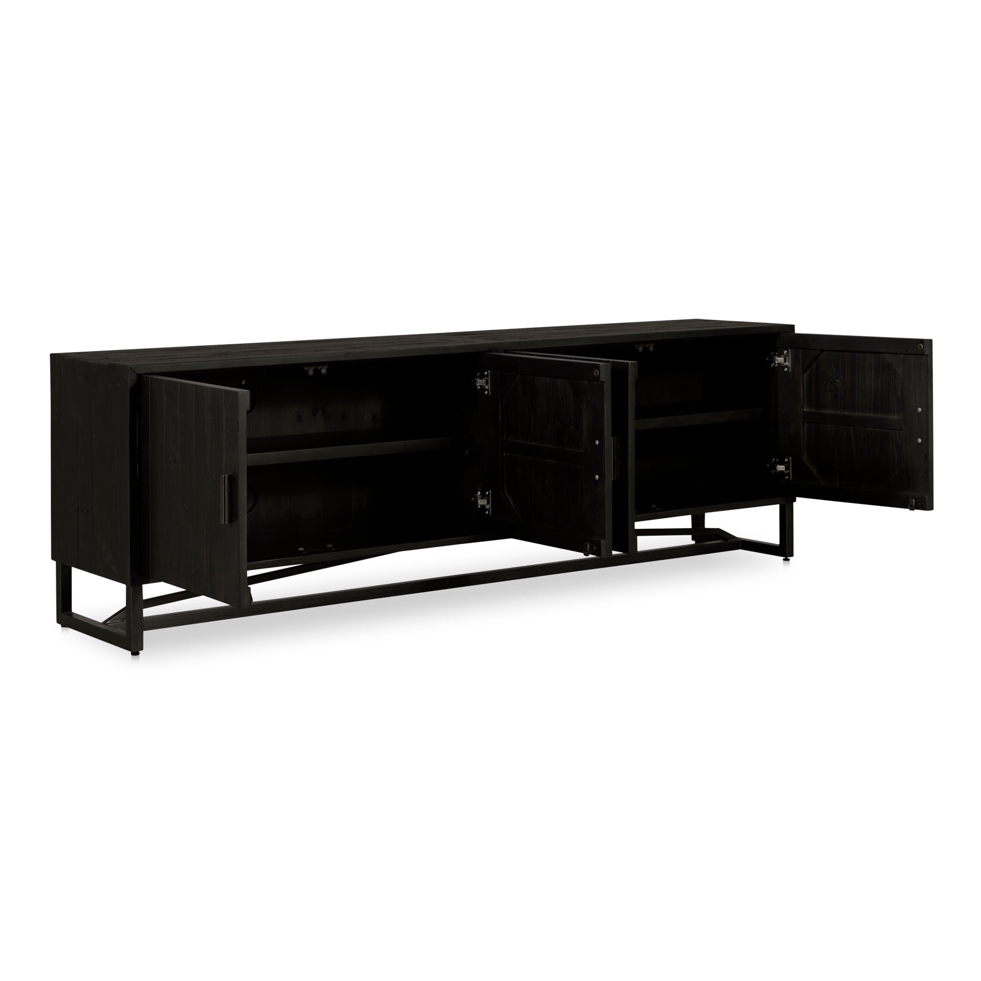 Camille Media Unit, Reclaimed Pine with Stainless Steel Base, Rustic Modern Design, Black