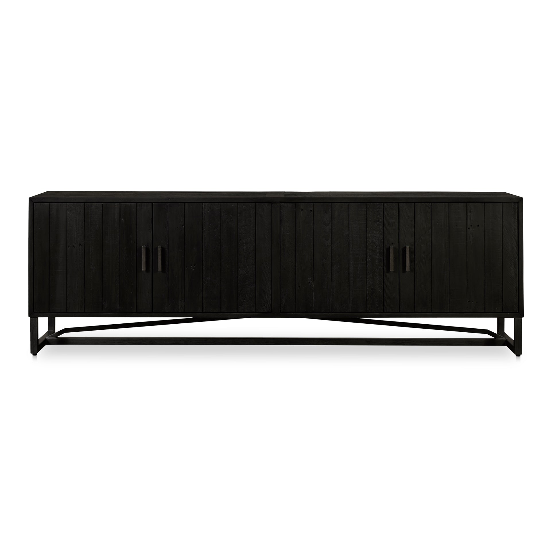 Camille Media Unit, Reclaimed Pine with Stainless Steel Base, Rustic Modern Design, Black